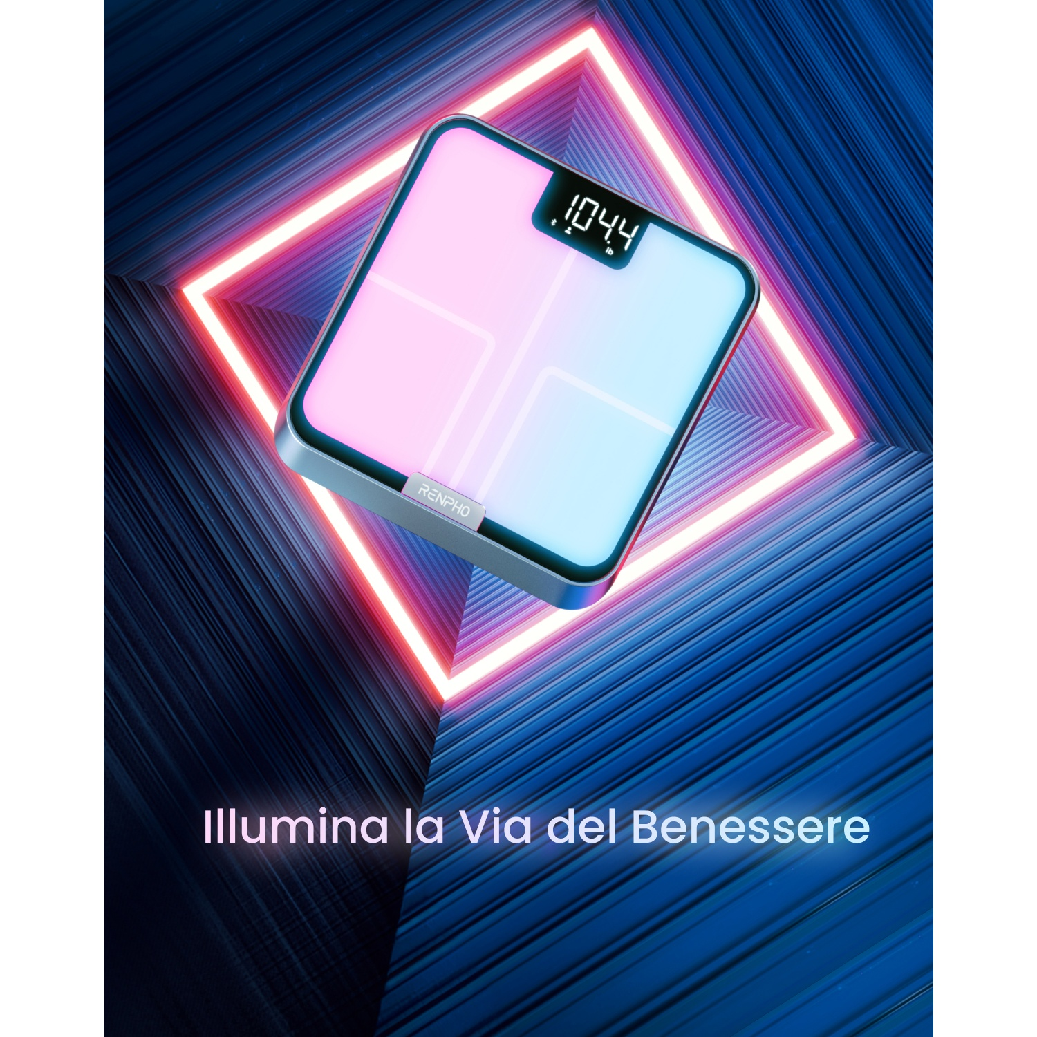 Una bilancia illuminata con display digitale, circondata da luci al neon.