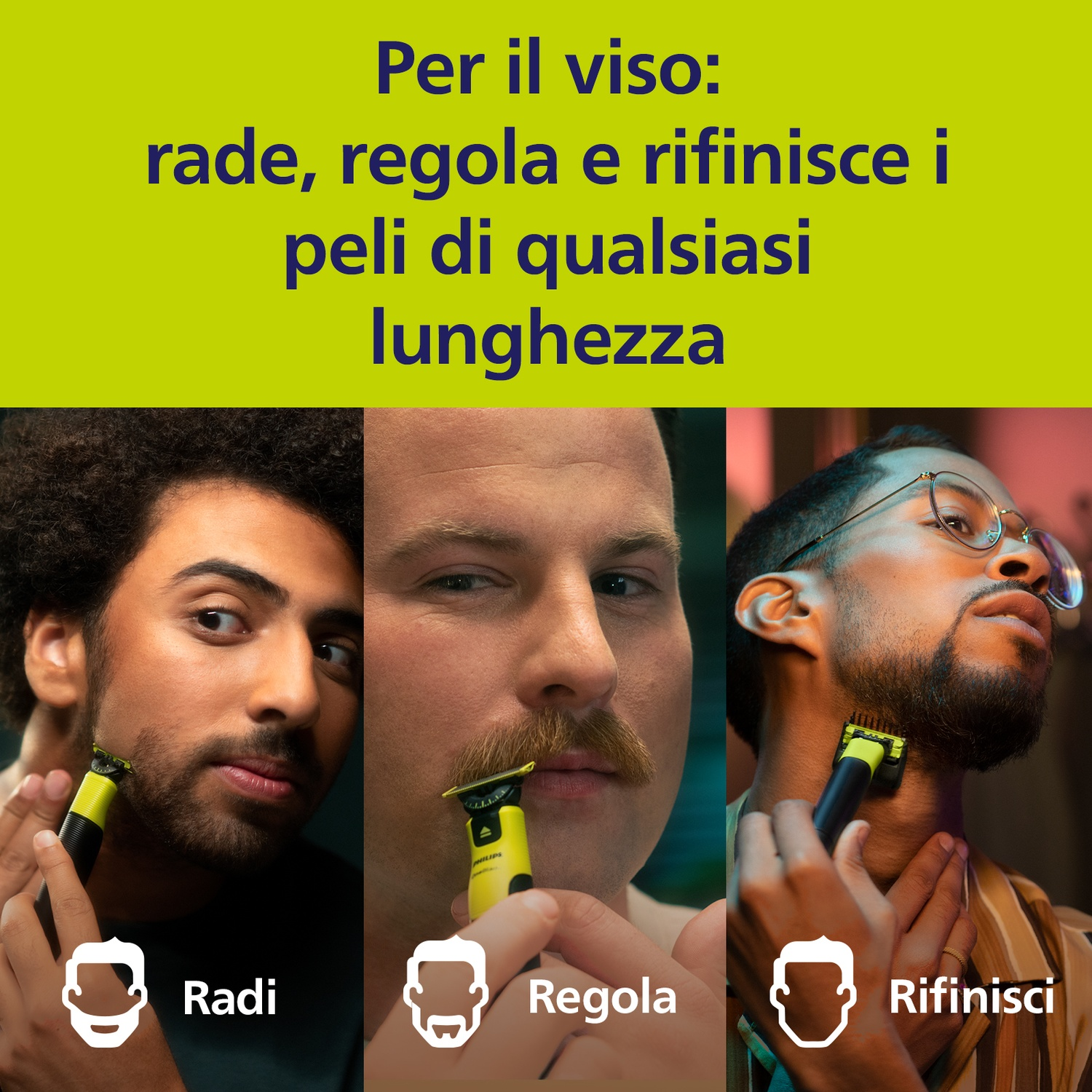 Tre uomini si radono, regolano e rifiniscono i peli del viso.