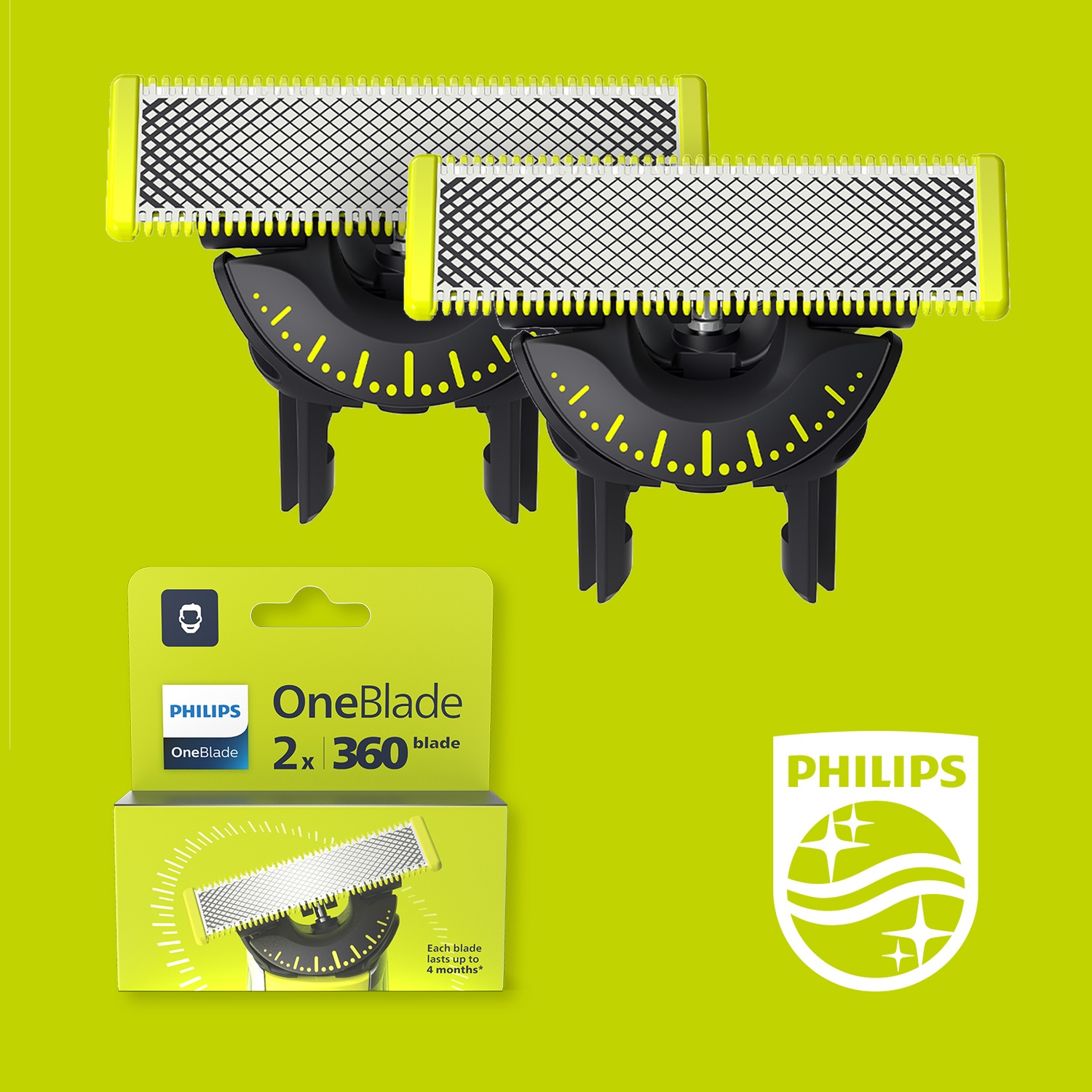 Due lame Philips OneBlade 360 su sfondo verde con confezione.