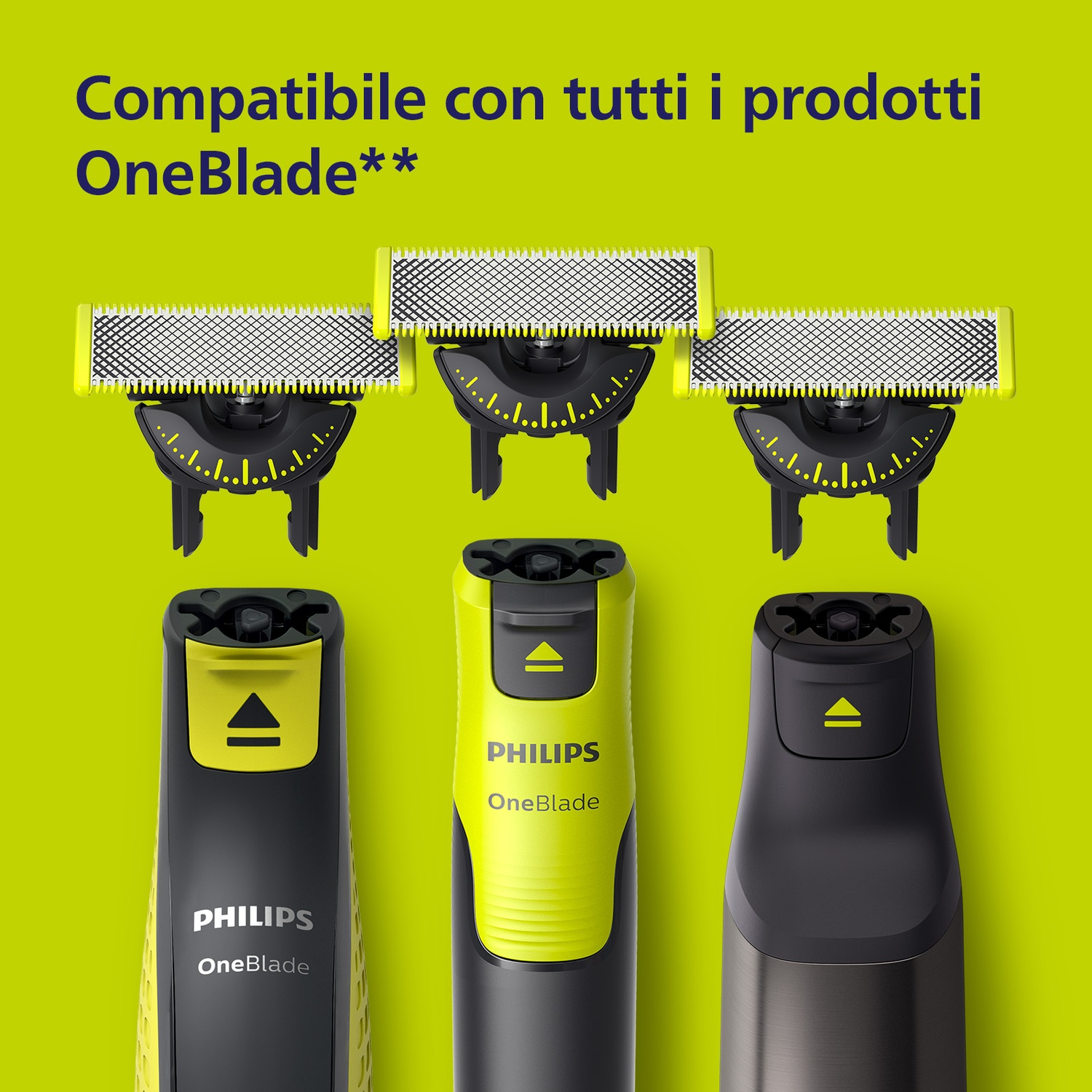 Tre rasoi e lame Philips OneBlade neri e gialli.