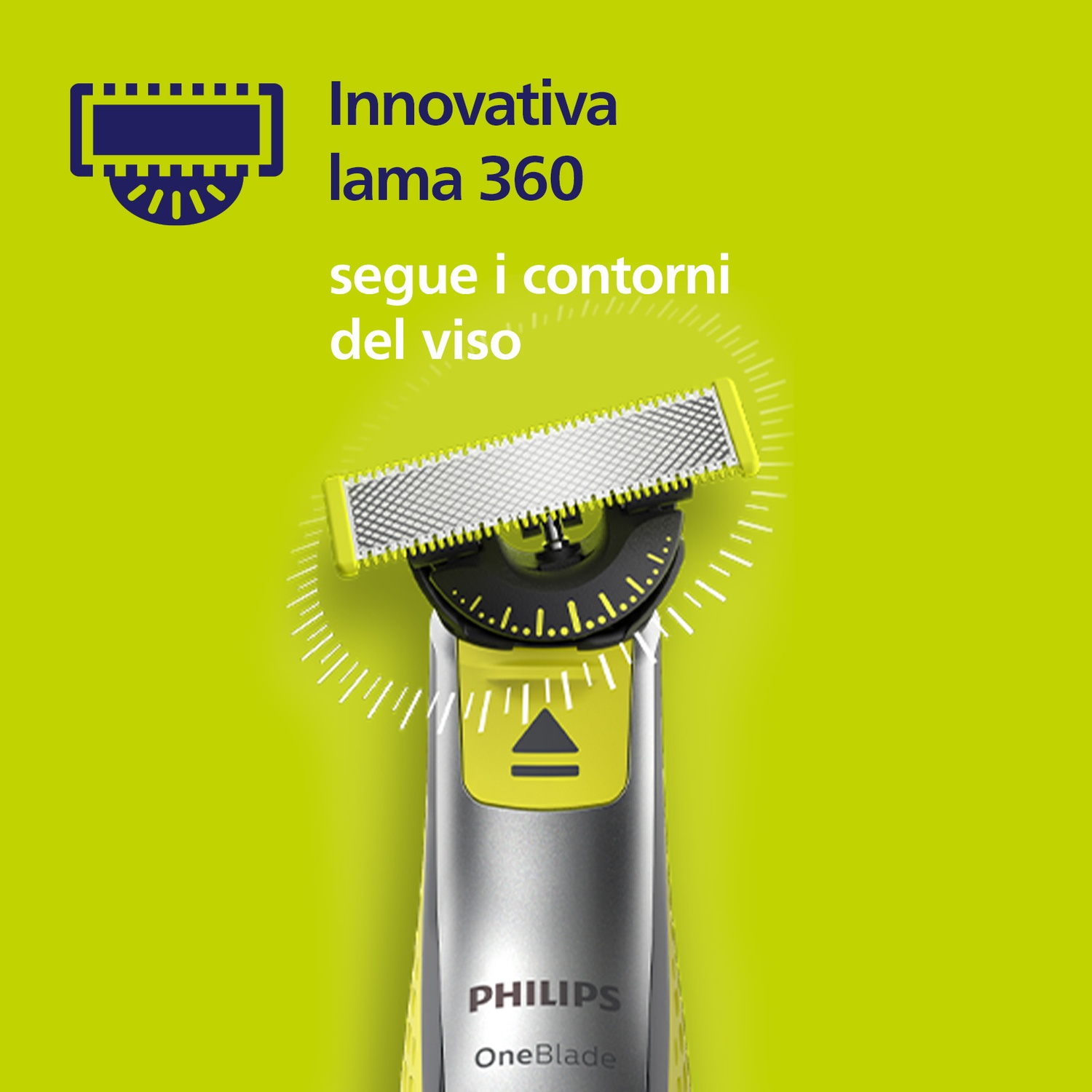 Un Philips OneBlade con lama gialla su sfondo verde.