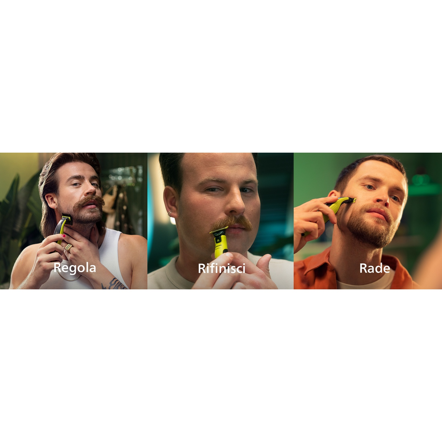 Tre uomini si curano con rifinitore gialli. Uno modella la barba, l'altro i baffi.