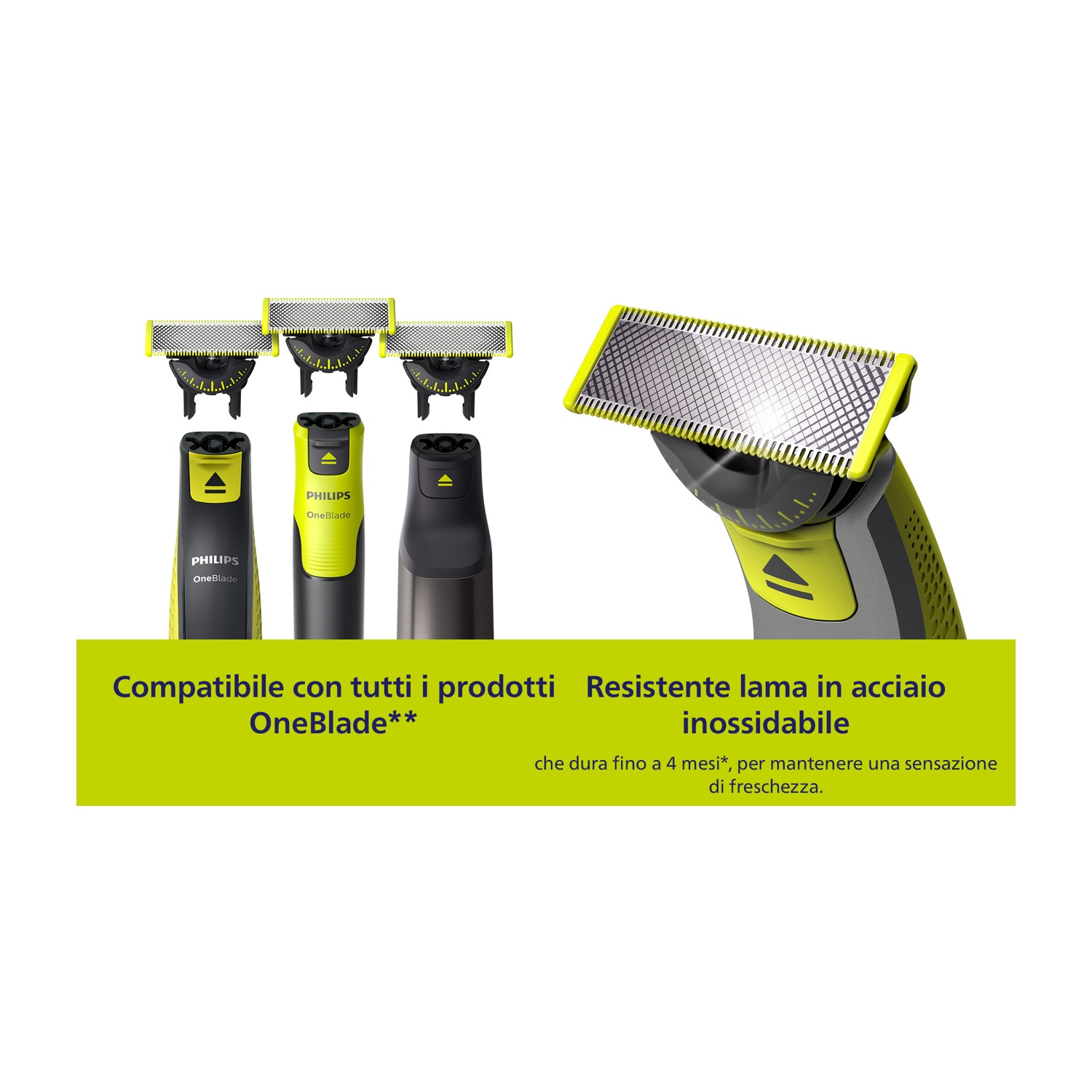 Rasoio Philips OneBlade con lame e accessori di ricambio. Giallo e nero.