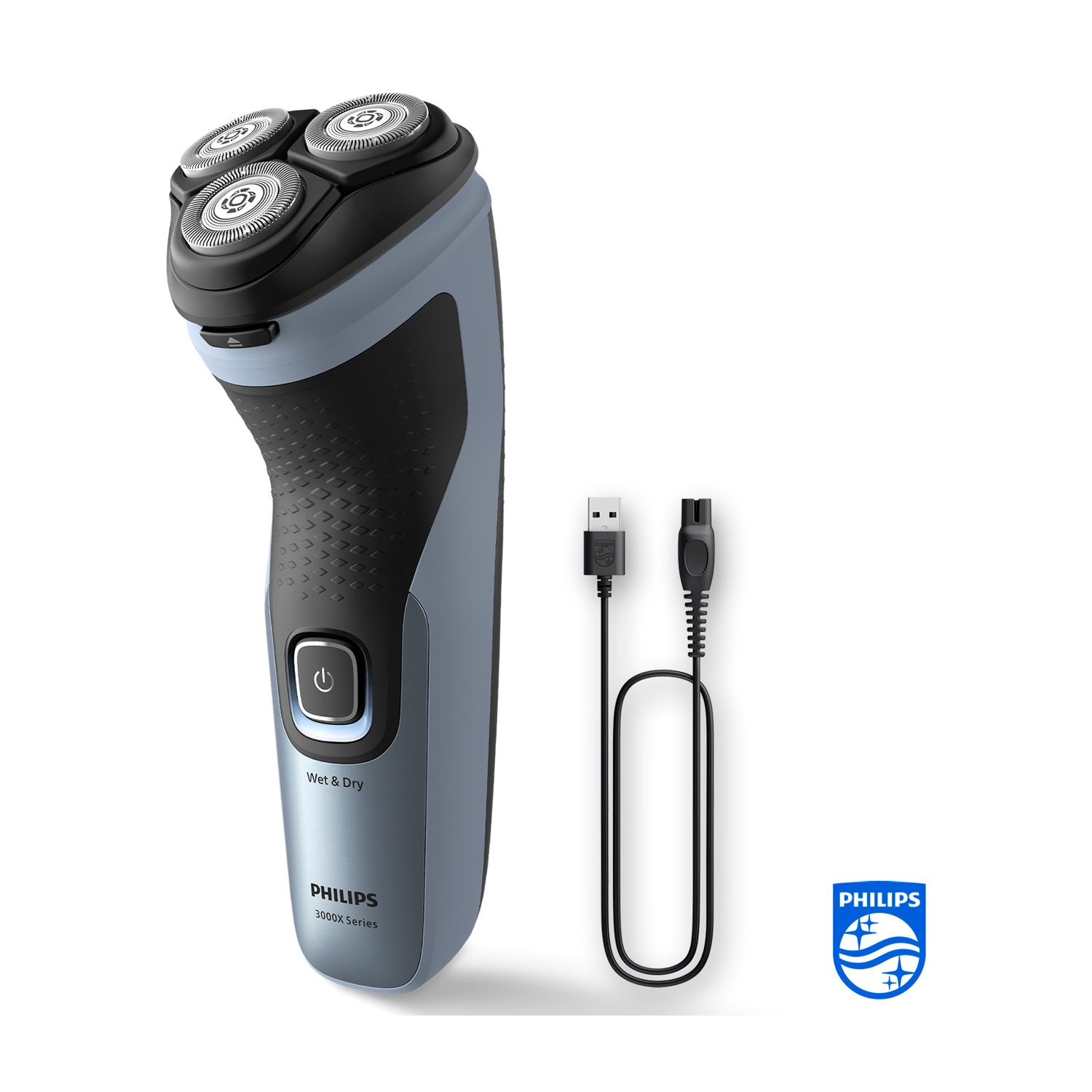 Un rasoio elettrico Philips grigio con tre testine e un cavo di ricarica.