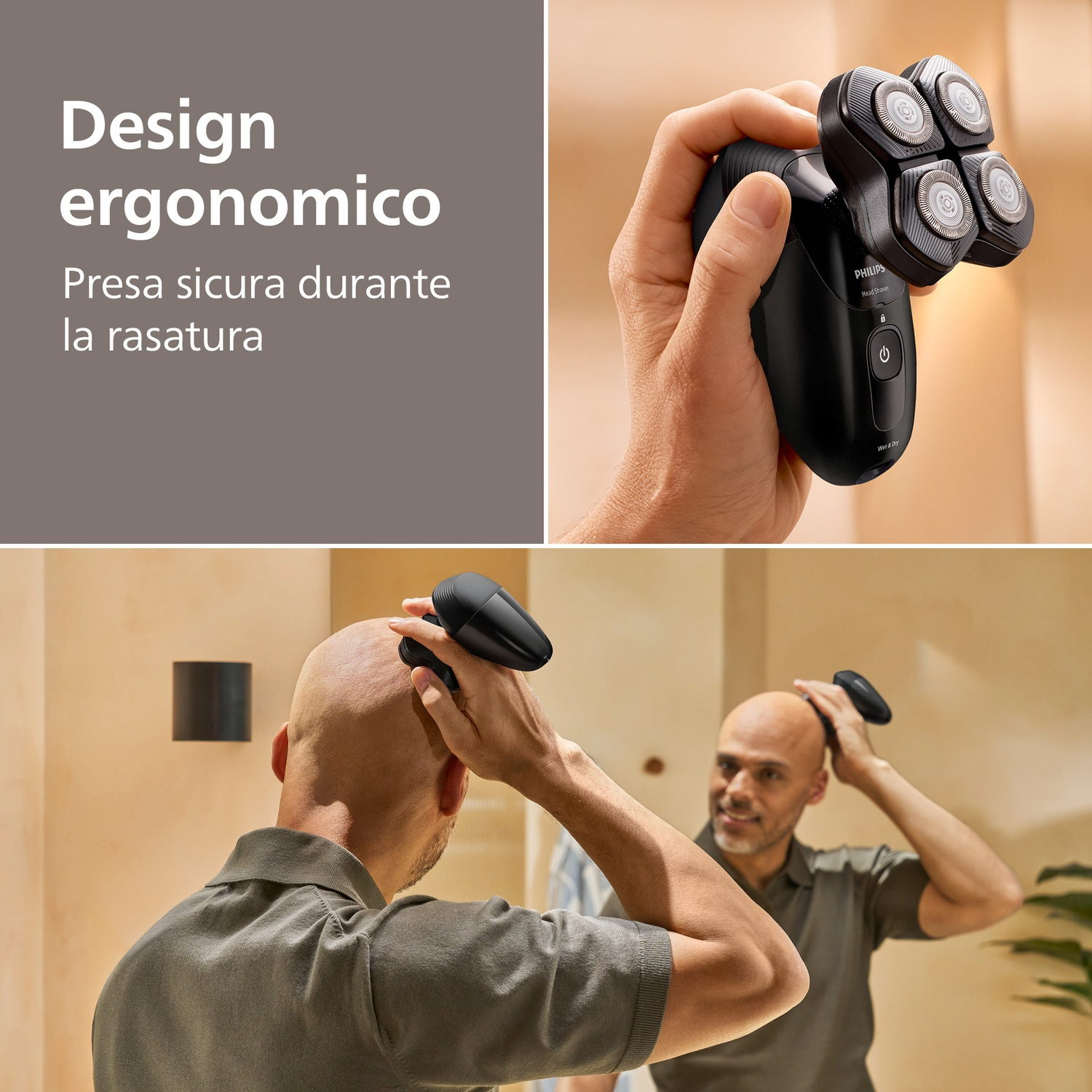 Un uomo si rade la testa con un rasoio Philips nero. Design ergonomico.
