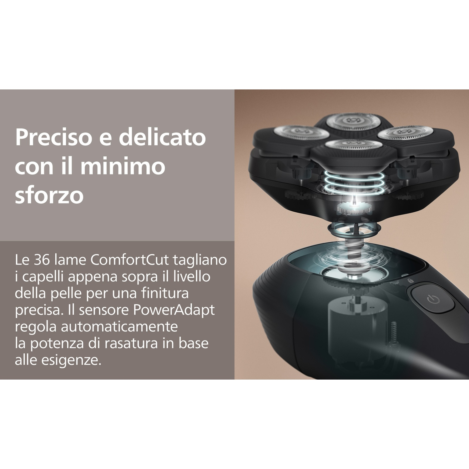 Un rasoio elettrico nero con lame e meccanismo interno visibili.