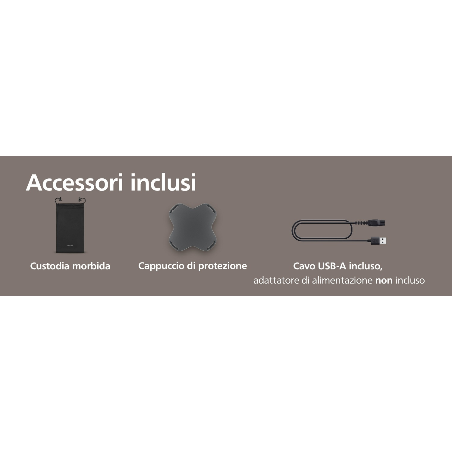 Accessori inclusi: custodia morbida, cappuccio protettivo, cavo USB-A.