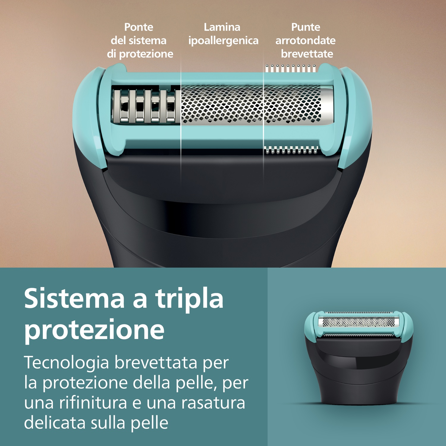 Un rasoio da donna con sistema di protezione, lama ipoallergenica e punte arrotondate.