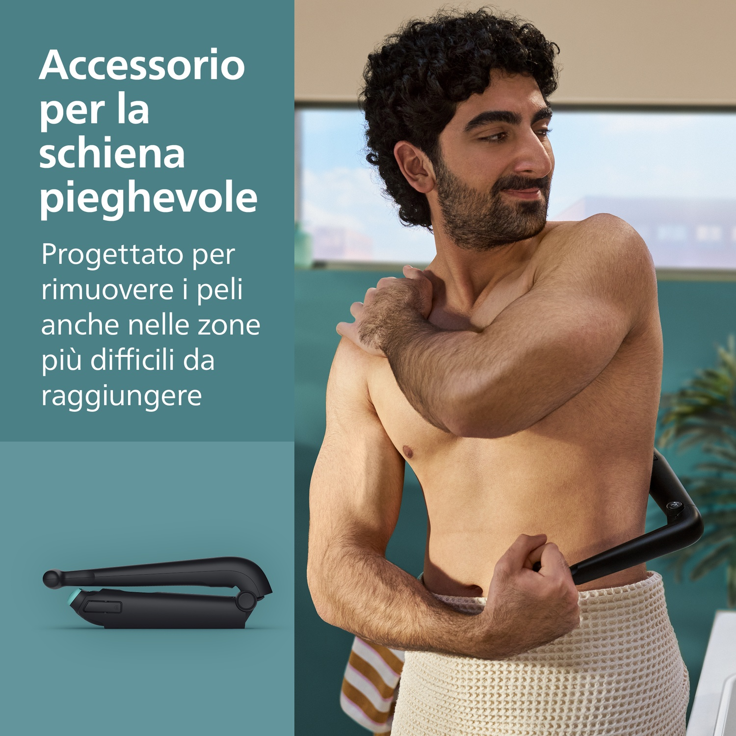 Uomo con capelli ricci usa un rasoio dorsale pieghevole nero. Immagine prodotto a sinistra.