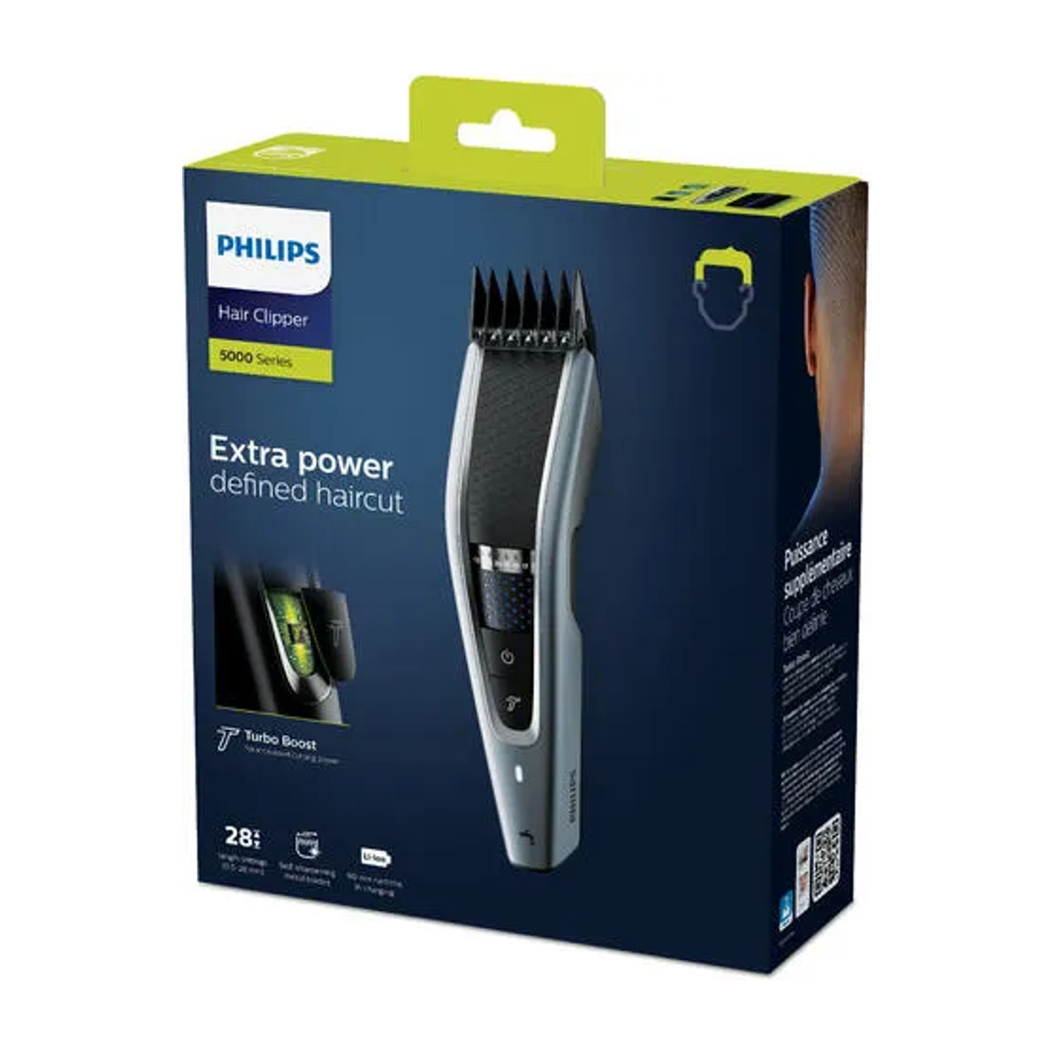 Scatola tagliacapelli Philips Serie 5000 con rifinitore e indicatore di carica.
