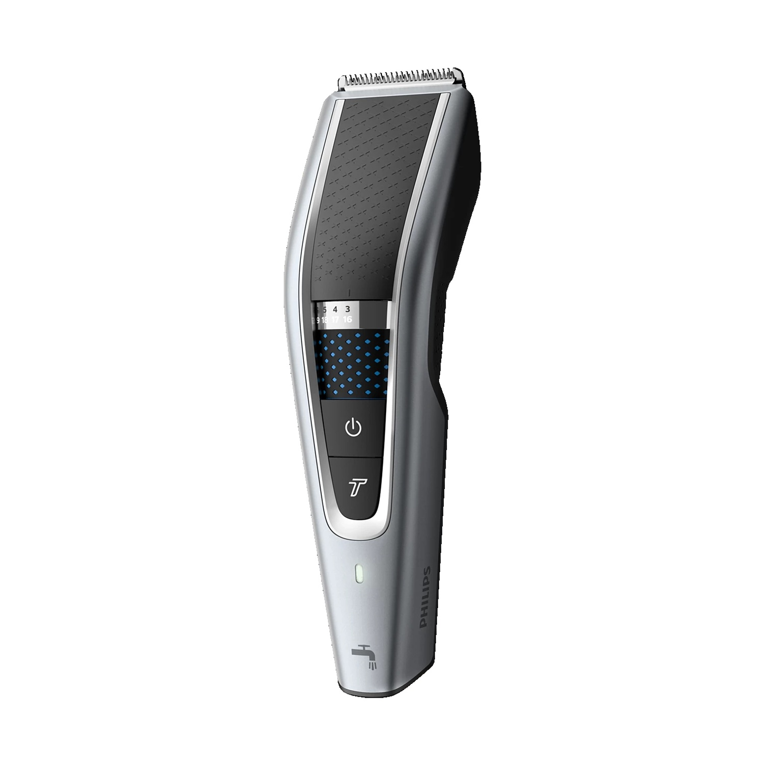 Un rifinitore da barba Philips argento e nero con display e pulsanti.