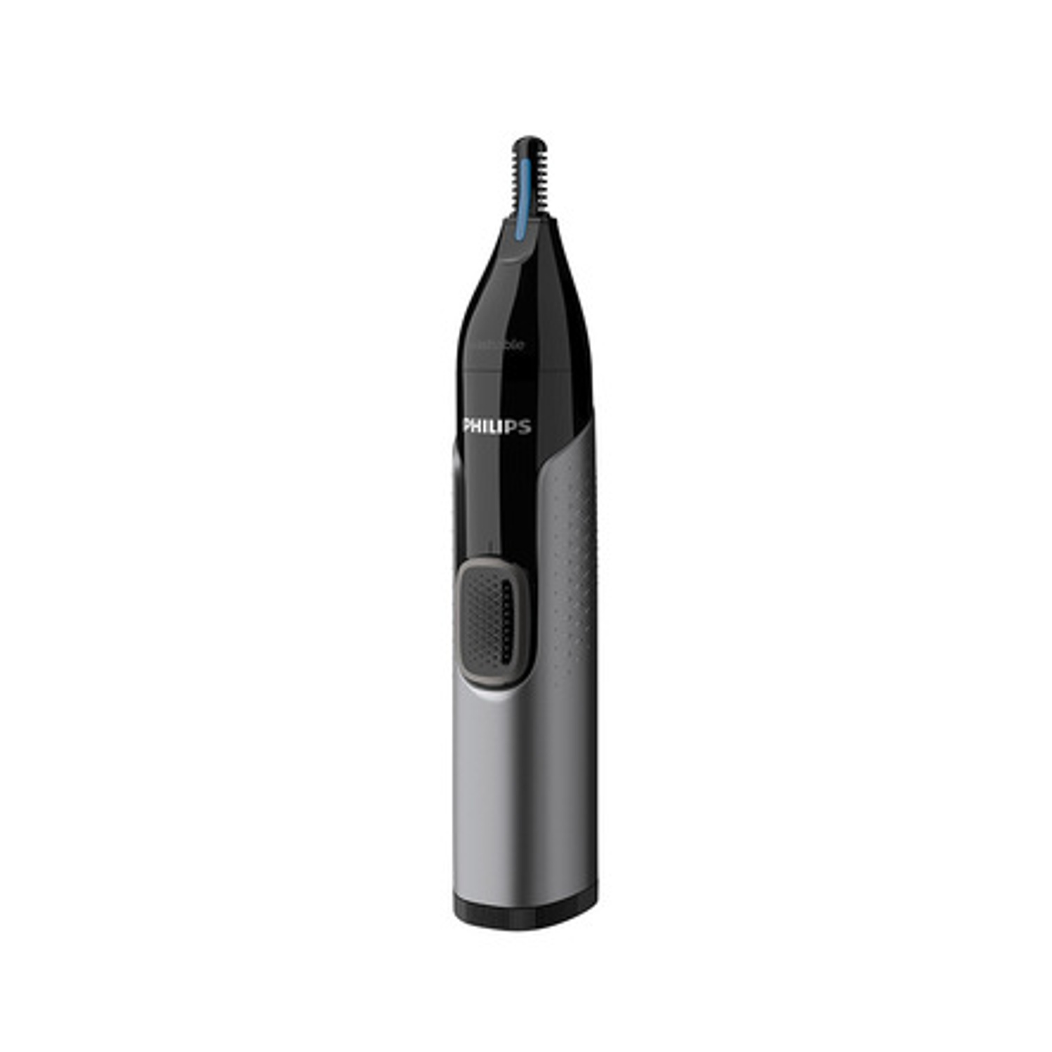 Un tagliabasette nasale Philips nero e argento con impugnatura grigia.