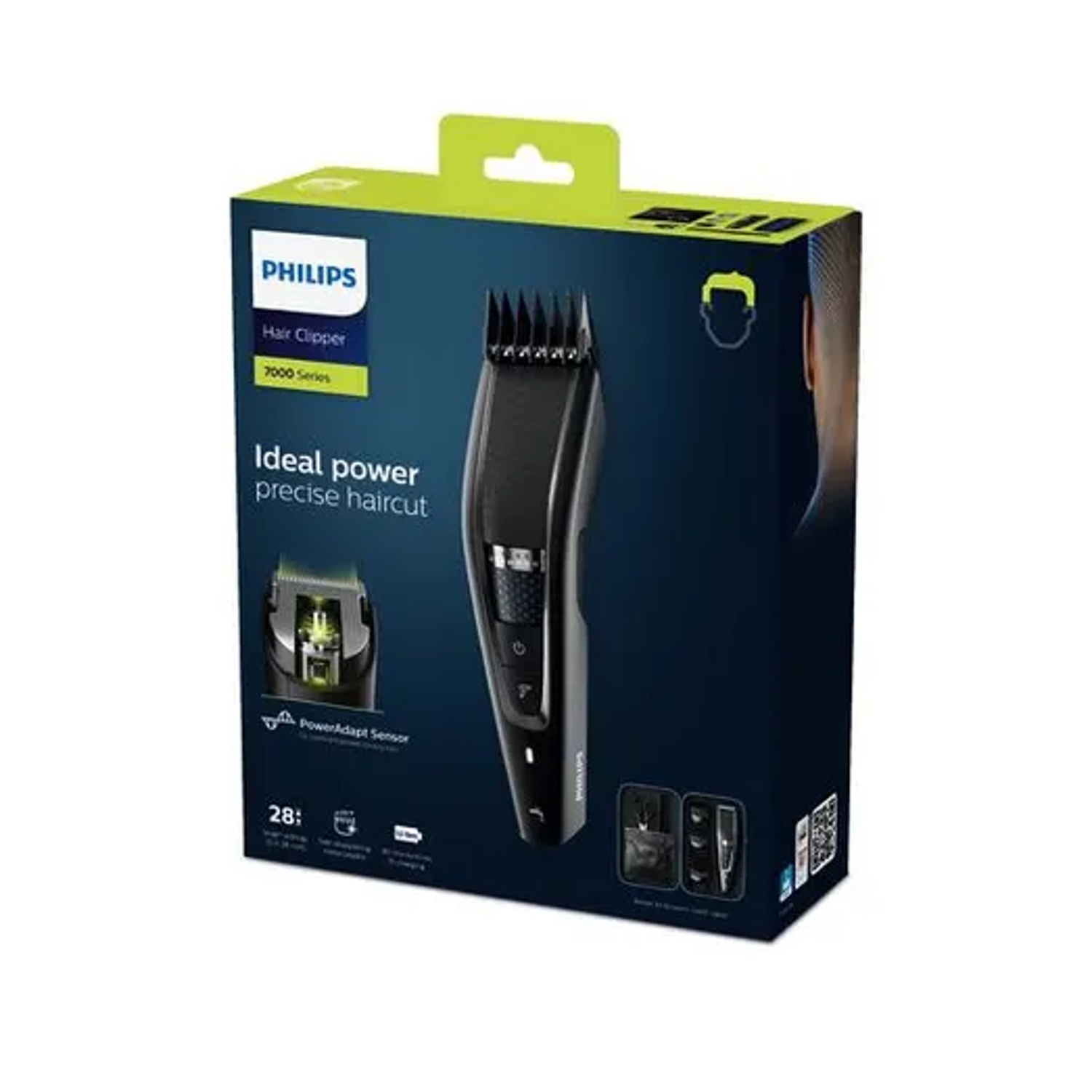 Scatola di un tagliacapelli Philips nero, serie 7000, con informazioni.