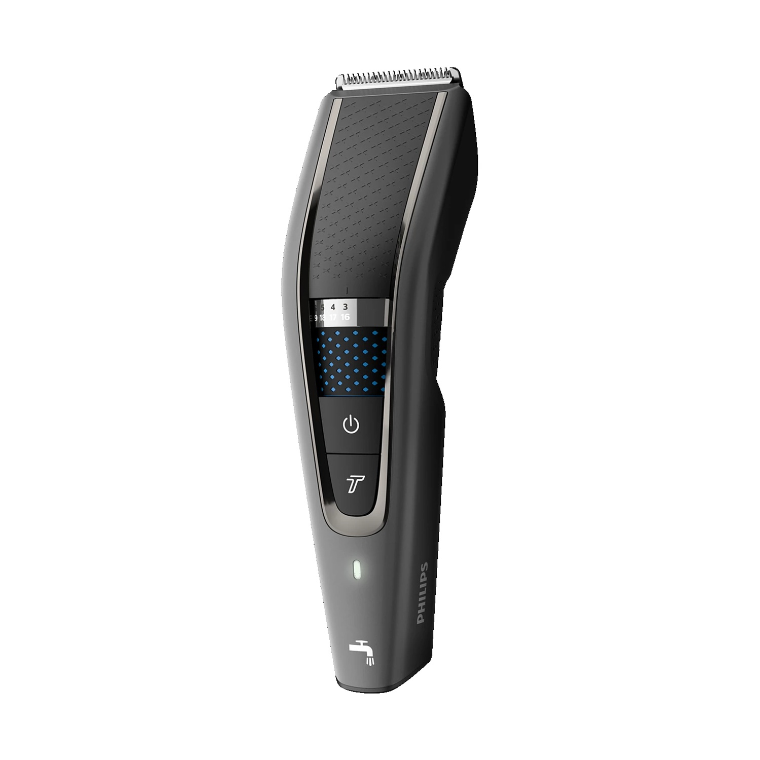 Un tagliacapelli elettrico Philips grigio scuro con display digitale e pulsante di accensione.