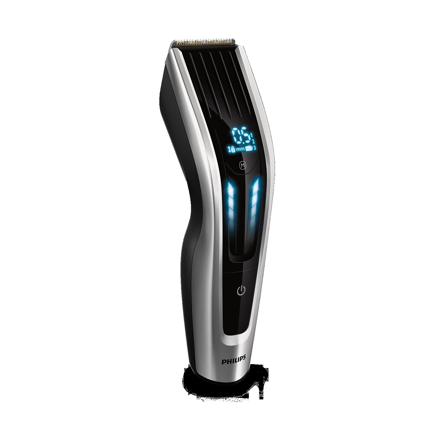 Un tagliacapelli Philips argento e nero con display digitale.