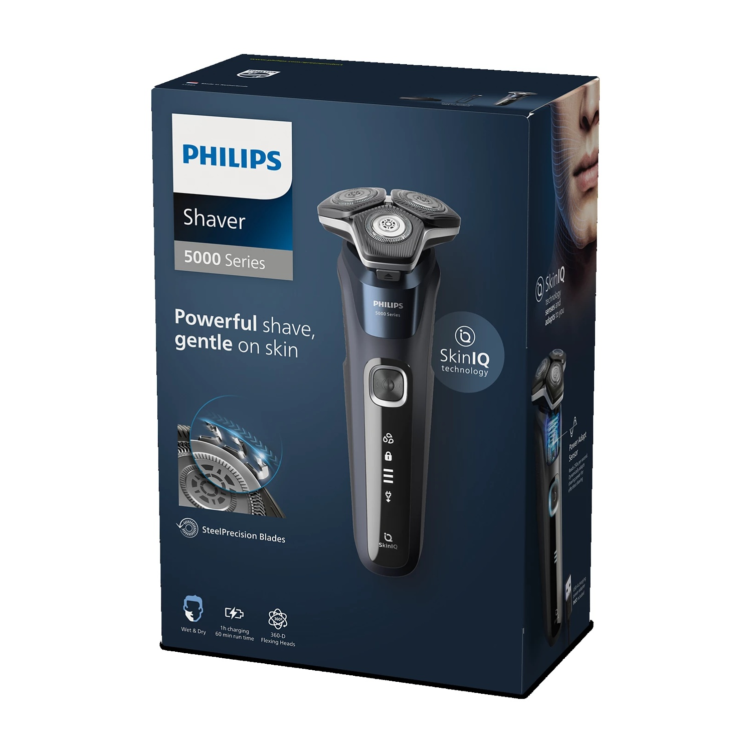 Scatola Philips Shaver Serie 5000 con rasoio elettrico e dettagli.
