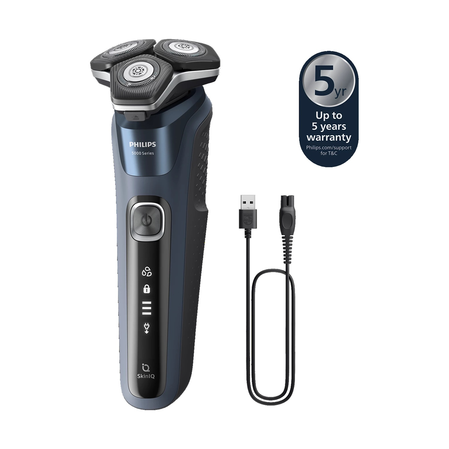 Rasoio Philips blu scuro con 3 testine, cavo di ricarica e logo di garanzia.