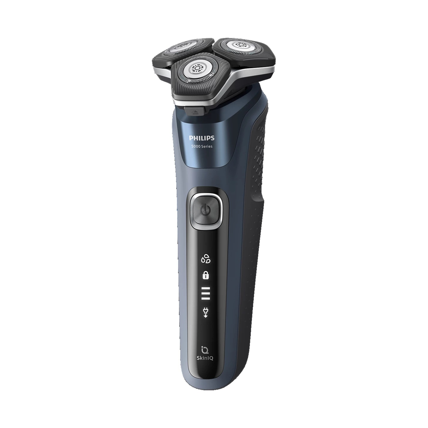 Un rasoio Philips Serie 5000 blu scuro con tre testine rotanti.