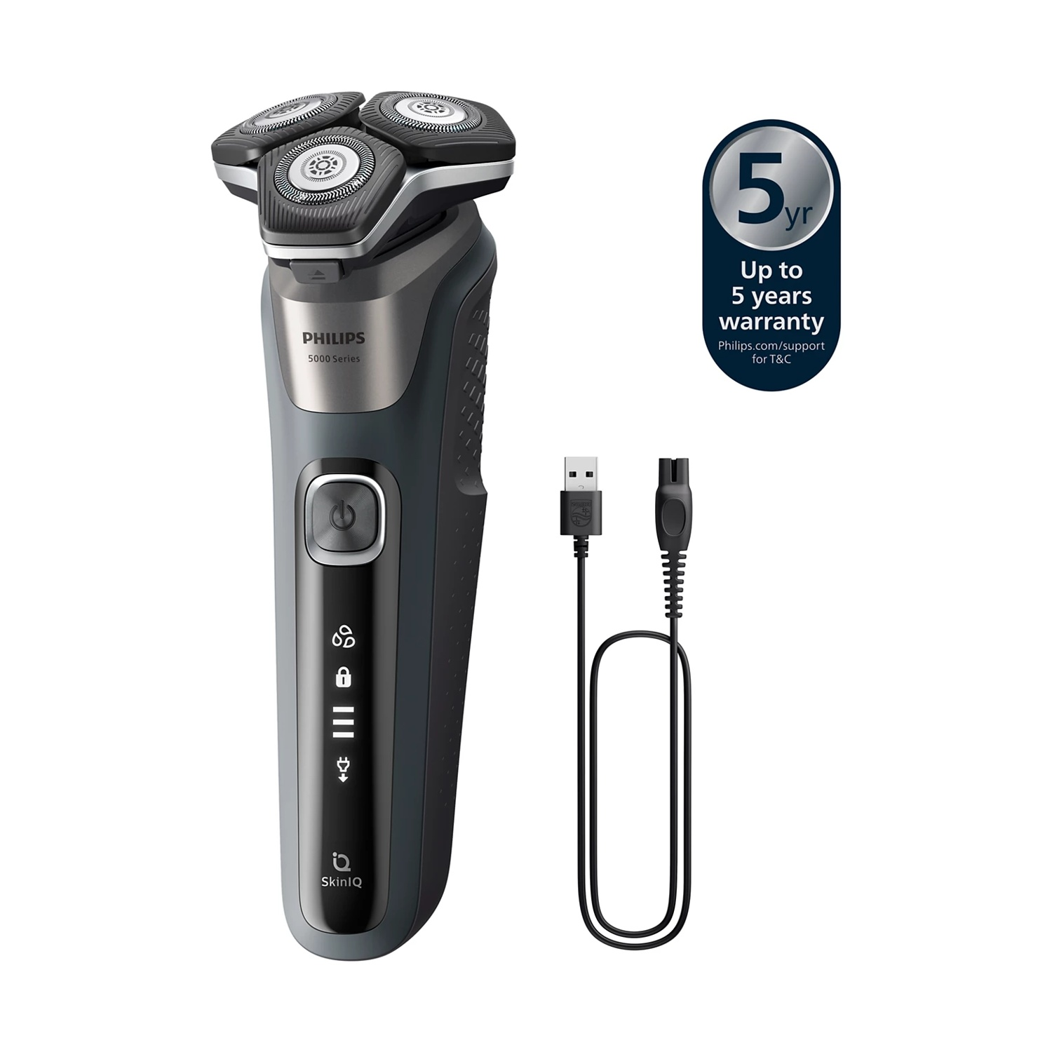 Rasoio Philips Serie 5000 con cavo di ricarica e sigillo di 5 anni di garanzia.