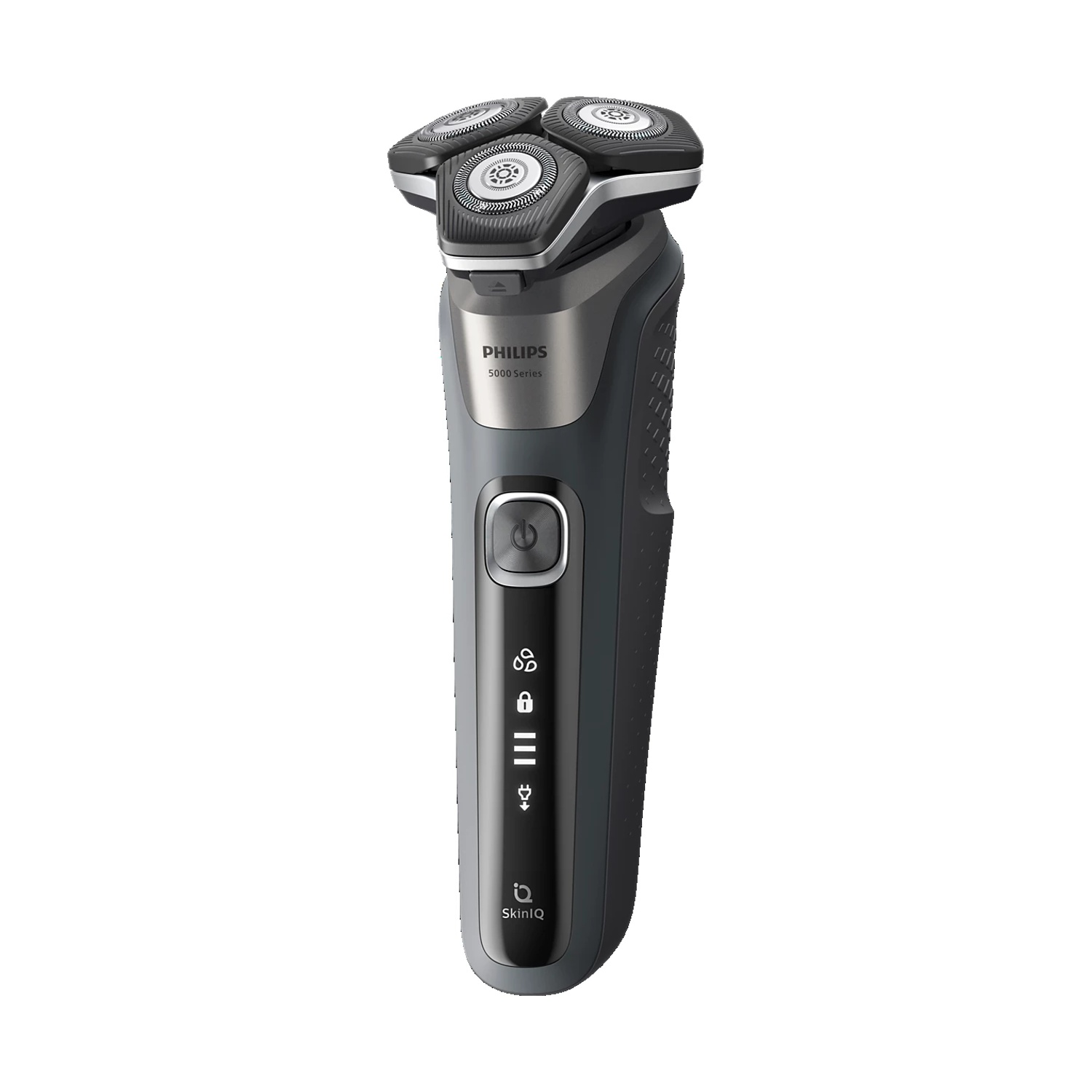 Un rasoio elettrico grigio Philips Serie 5000 con tre testine rotanti.