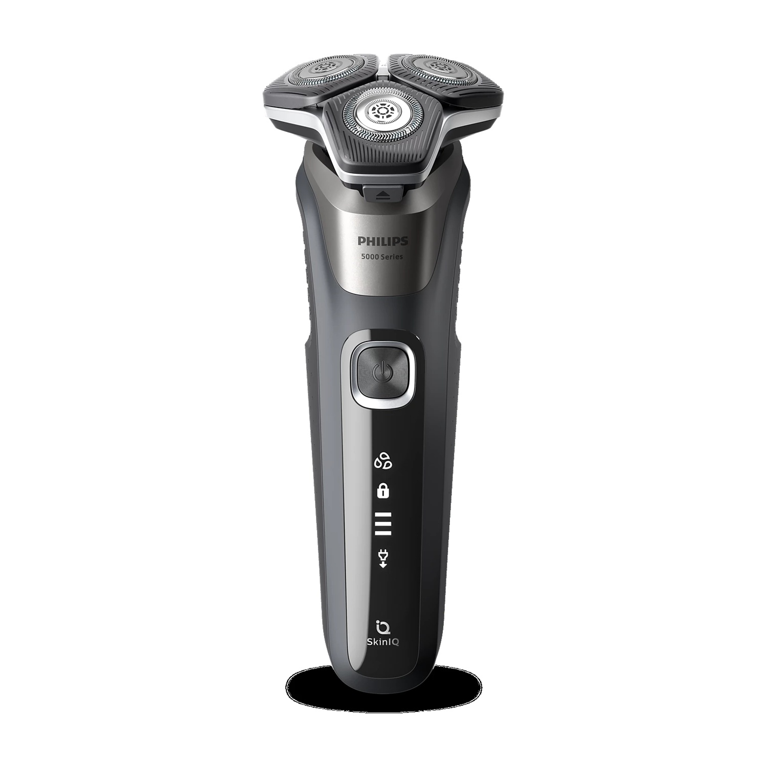 Un rasoio elettrico Philips scuro con tre testine rotanti su sfondo bianco.