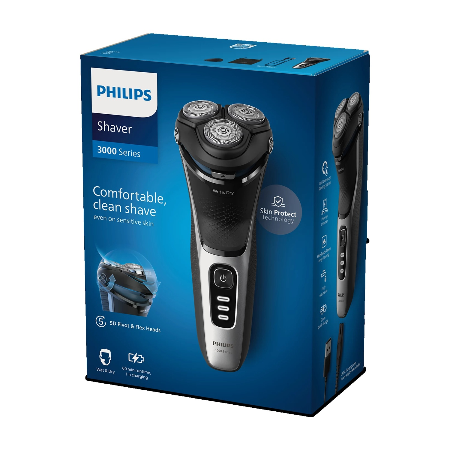 Rasoio elettrico Philips Serie 3000 in confezione, Wet & Dry, Testine Pivotanti Flessibili 5D.