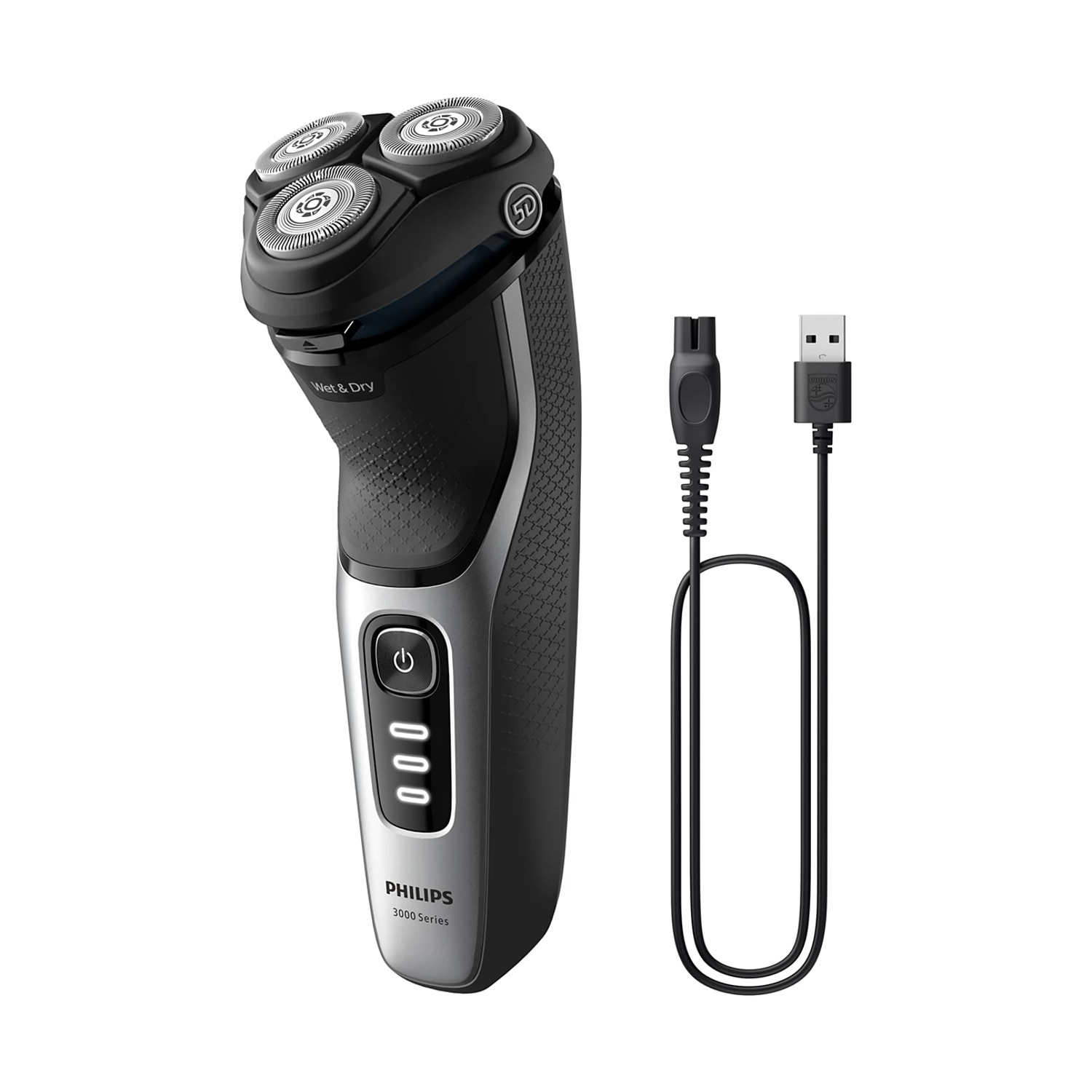 Un rasoio elettrico Philips Serie 3000 nero con tre testine rotanti e cavo di ricarica.