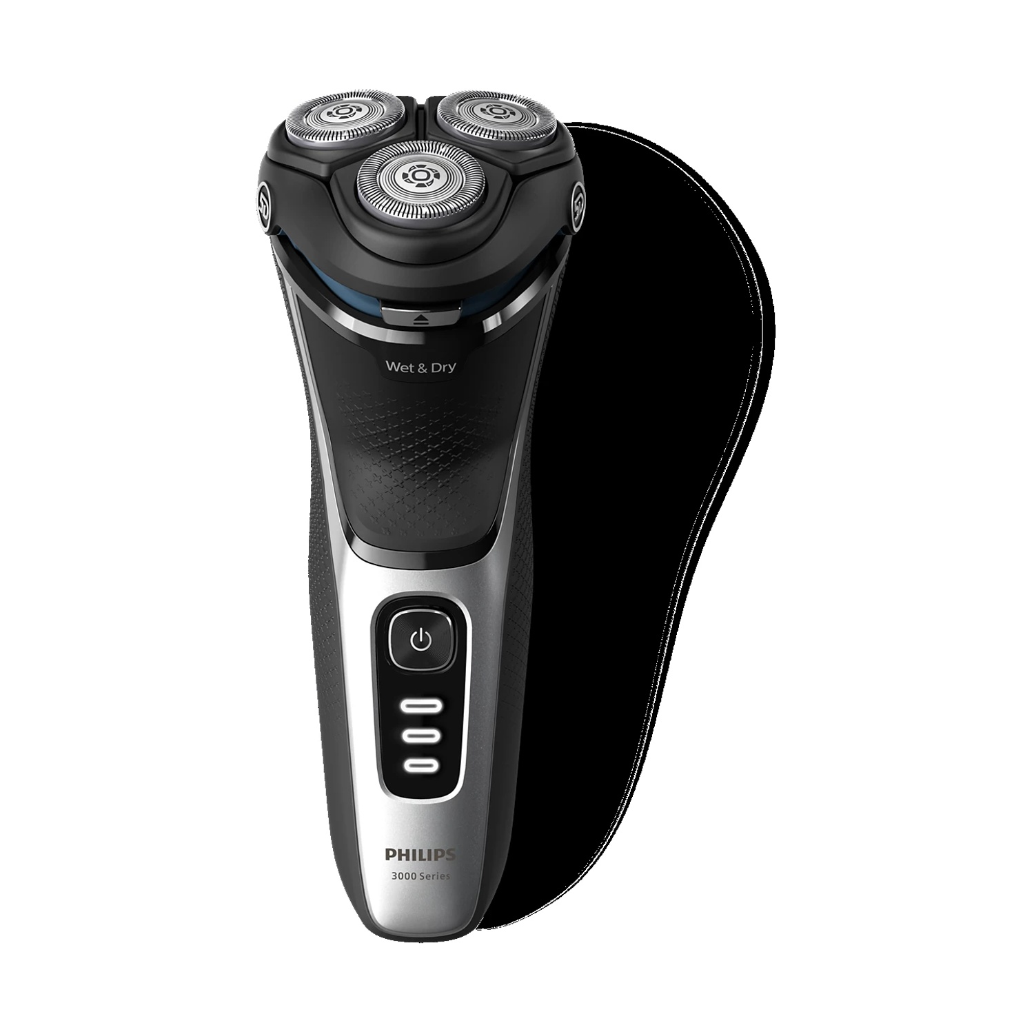 Un rasoio elettrico Philips nero con tre testine rotanti e accenti argentati.