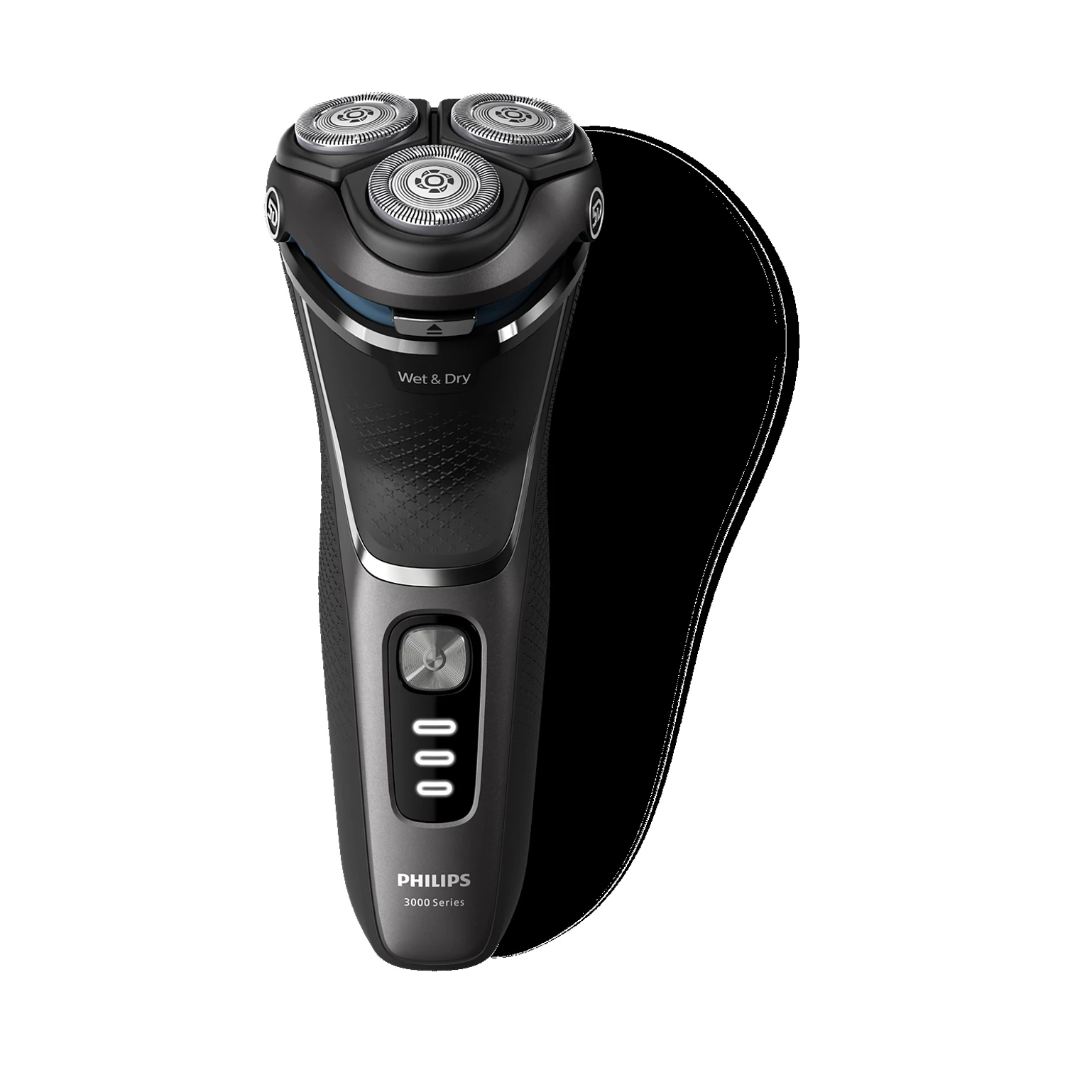 Un rasoio Philips Serie 3000 nero con tre testine rotanti.