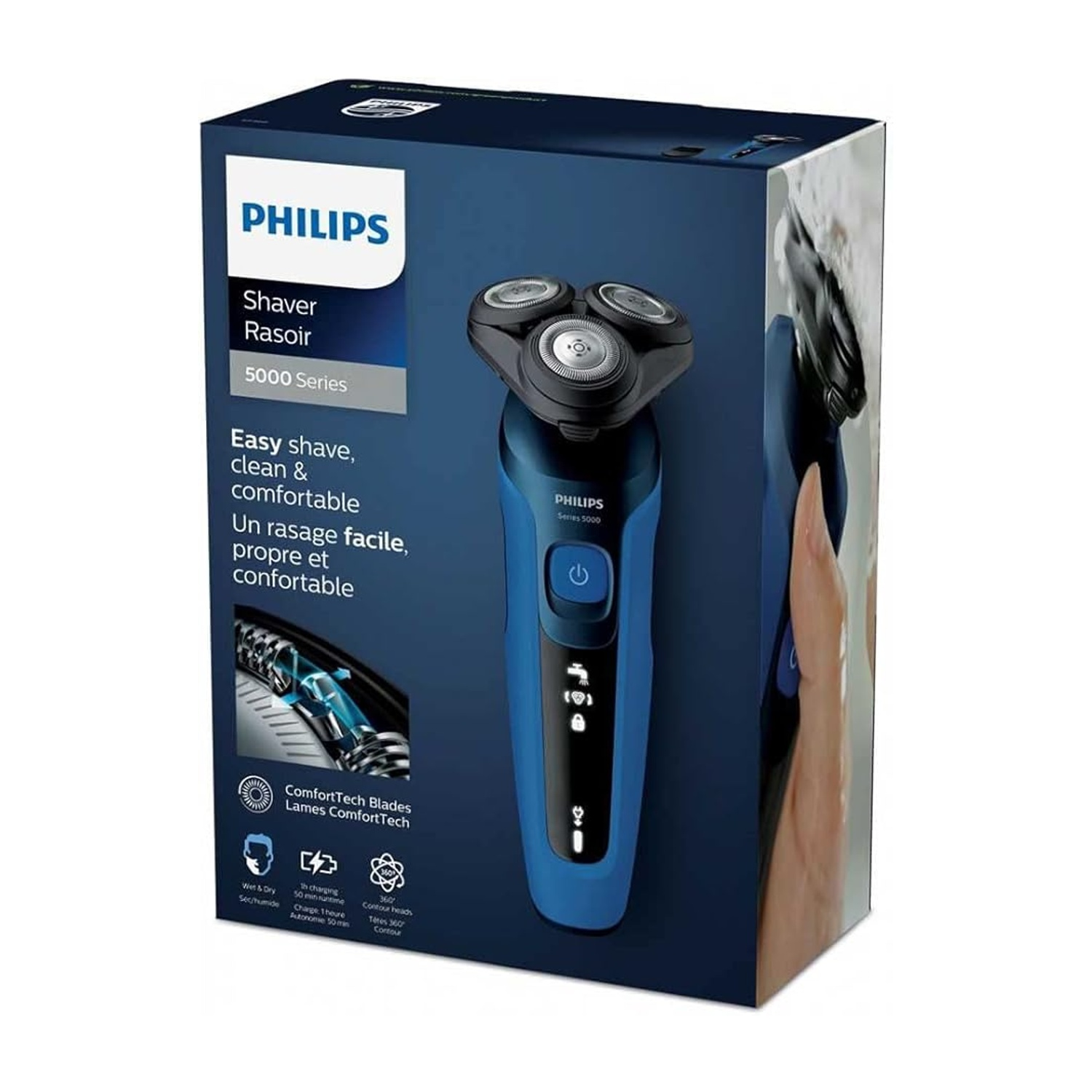 Scatola di un rasoio Philips Serie 5000 blu con informazioni sul prodotto.