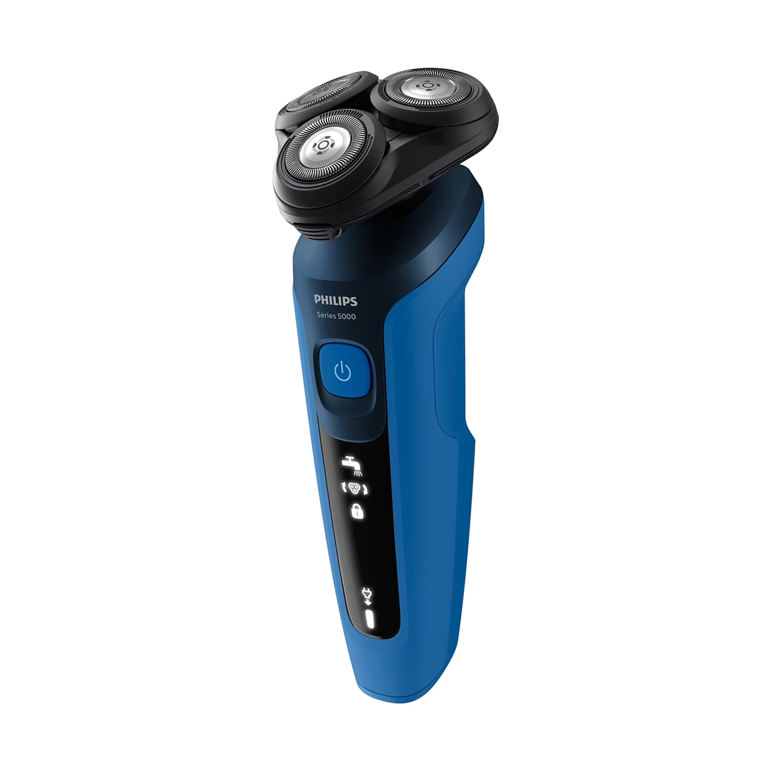 Un rasoio Philips Serie 5000 blu con tre testine rotanti.