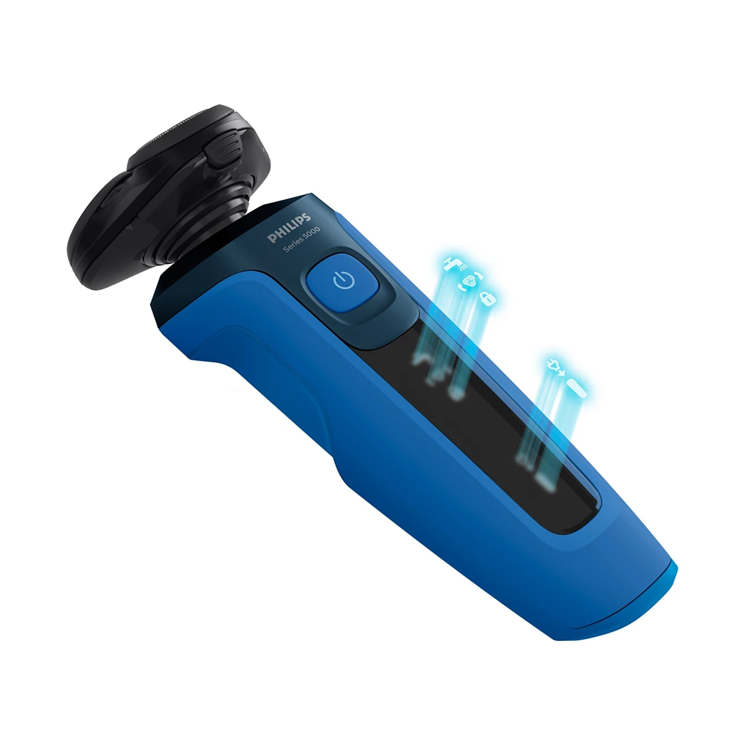 Un rasoio elettrico blu Philips Series 5000 con testina nera.