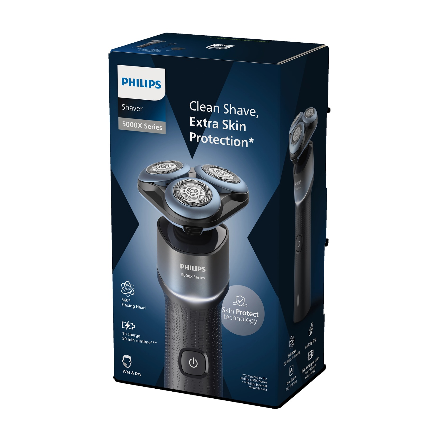 Rasoio Philips Serie 5000X su scatola blu scuro con immagini del prodotto.