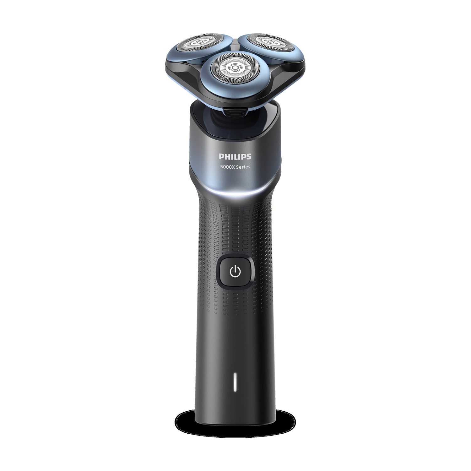Un rasoio elettrico Philips 5000X Series nero con tre testine rotanti.