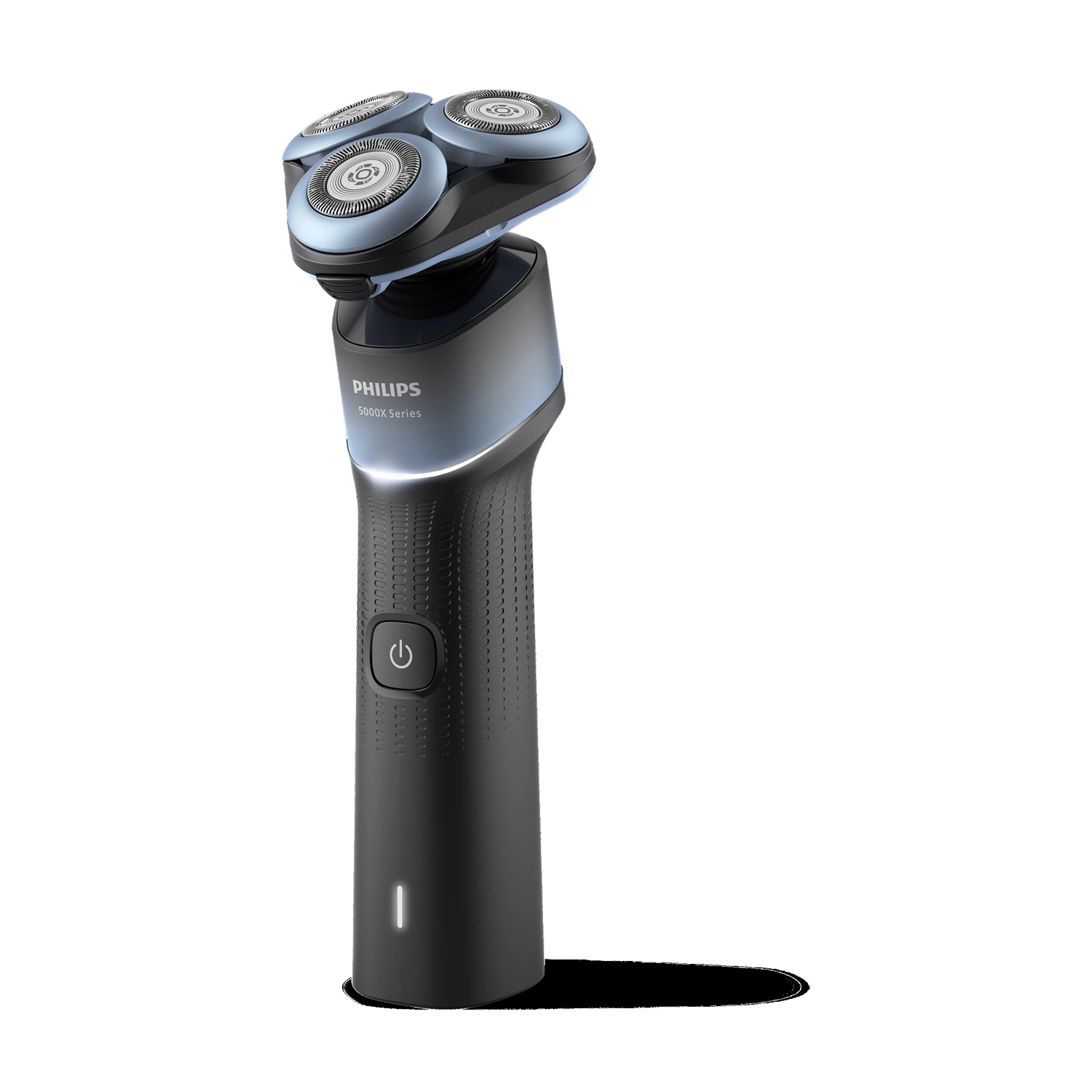 Un rasoio elettrico Philips nero con testina blu e lame argentate su sfondo bianco.