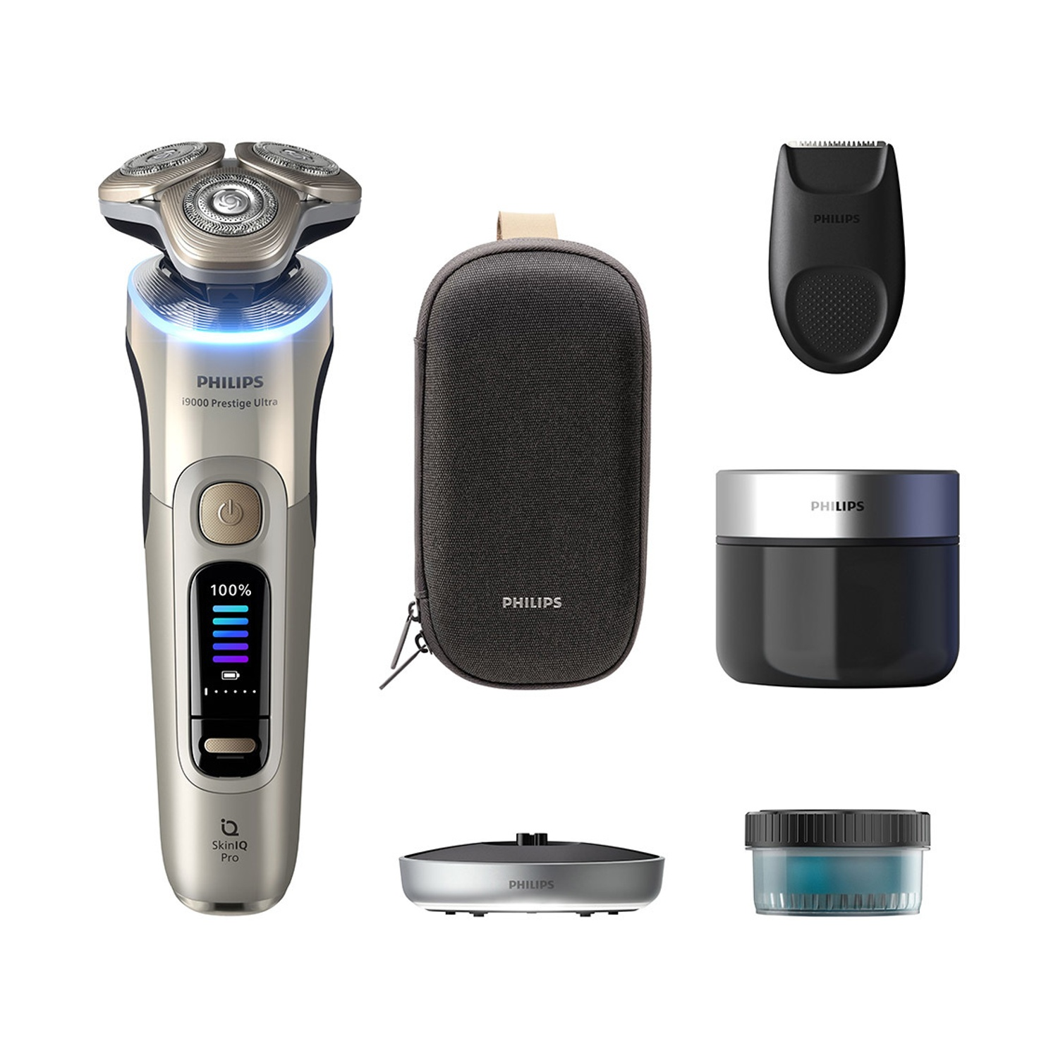 Rasoio Philips con display digitale, custodia da viaggio, rifinitore e accessori.