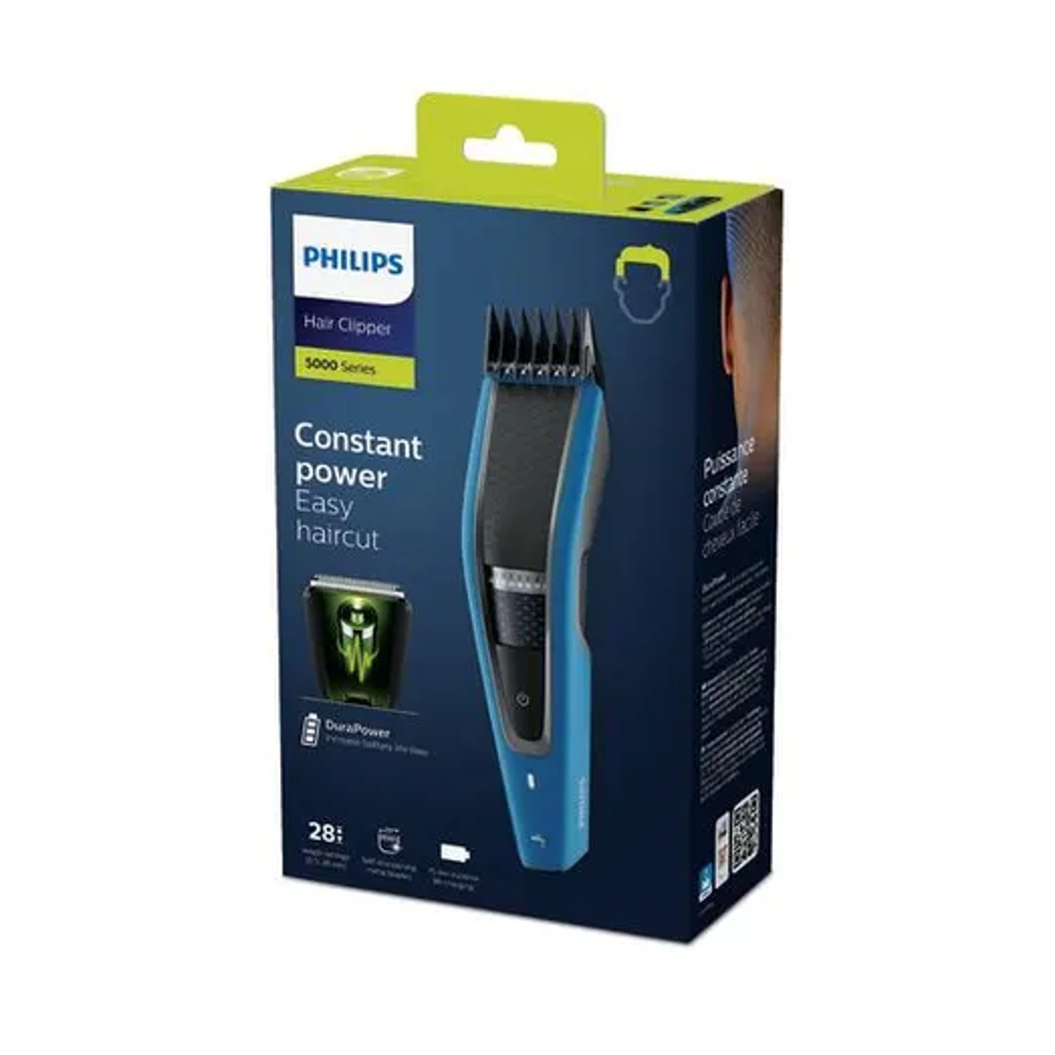 Confezione di un tagliacapelli Philips blu con accenti argentati.