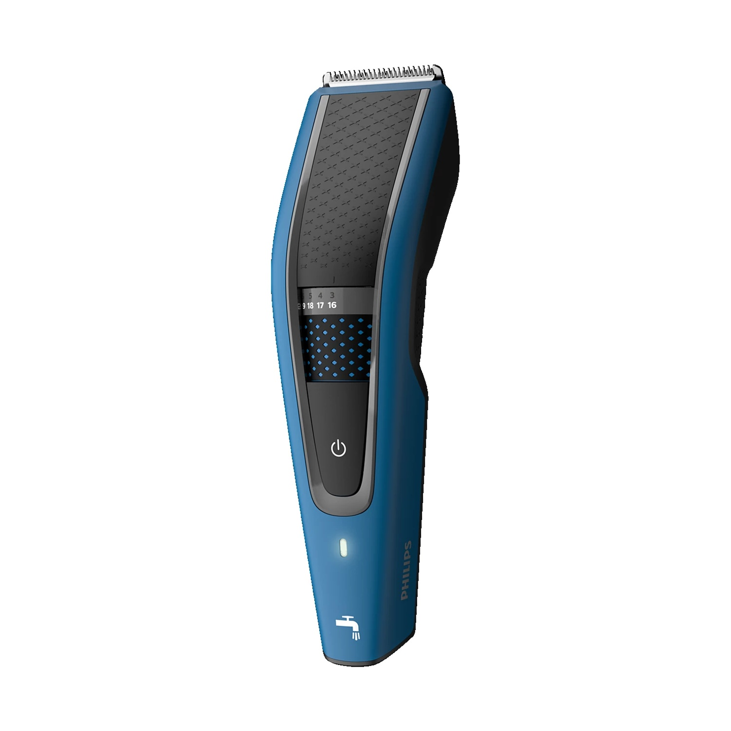 Un tagliacapelli Philips blu con lame argentate e accenti neri su sfondo bianco.