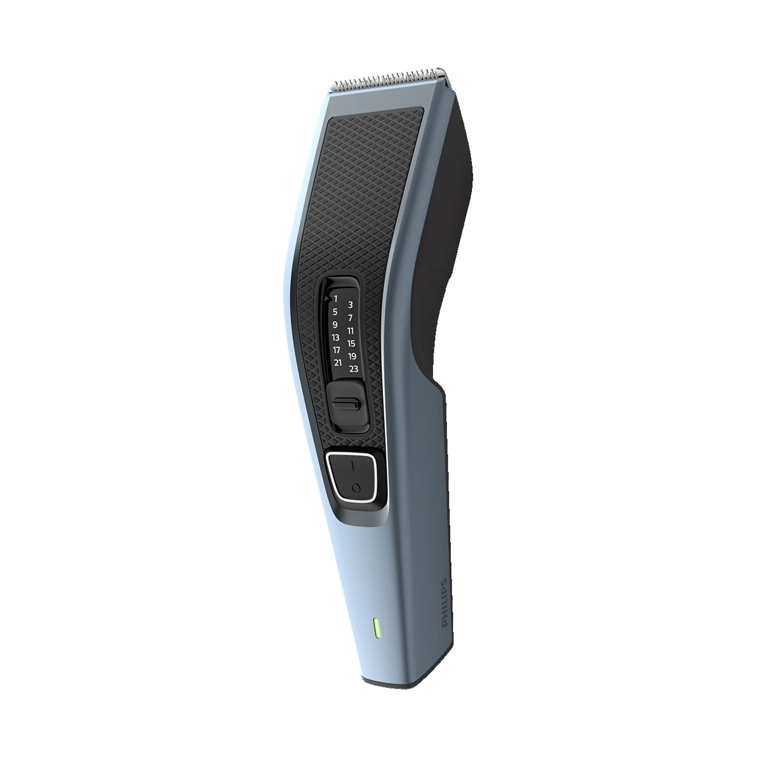 Un tagliacapelli Philips azzurro con impugnatura nera e lame argentate.