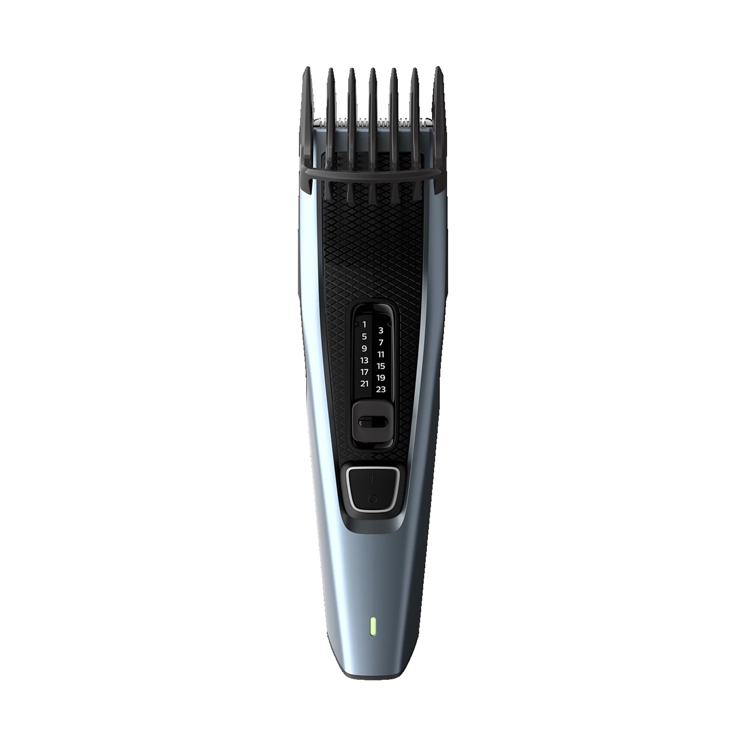 Un tagliacapelli elettrico blu e nero con display digitale e accessorio pettine.