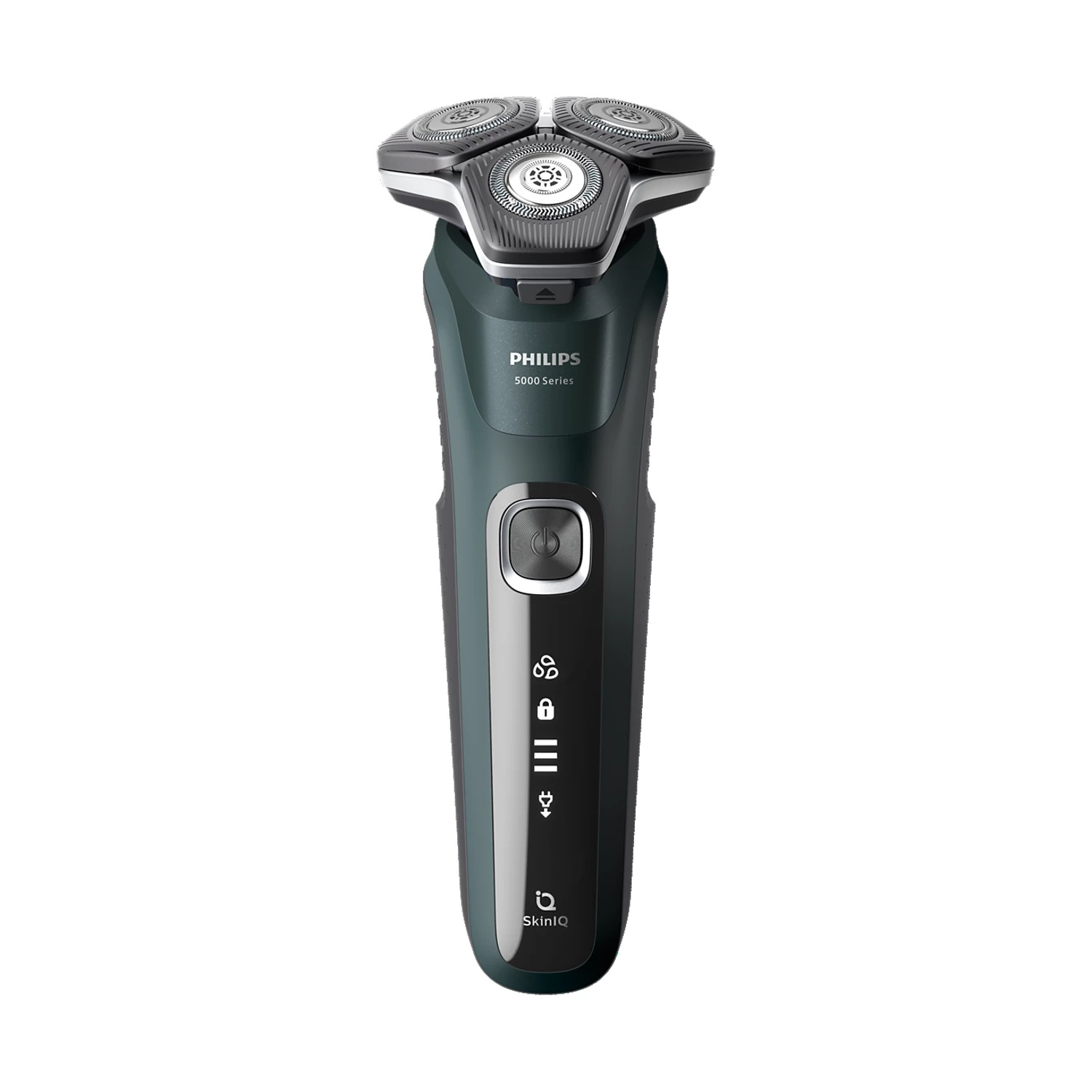 Rasoio elettrico Philips verde scuro con tre testine rotanti e indicatore di carica.