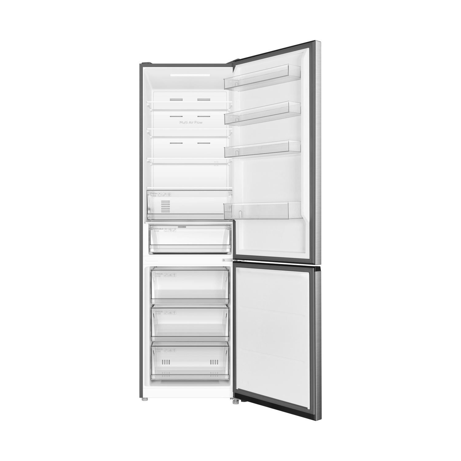 Frigorifero aperto con ripiani e cassetti. Interno bianco, esterno grigio.