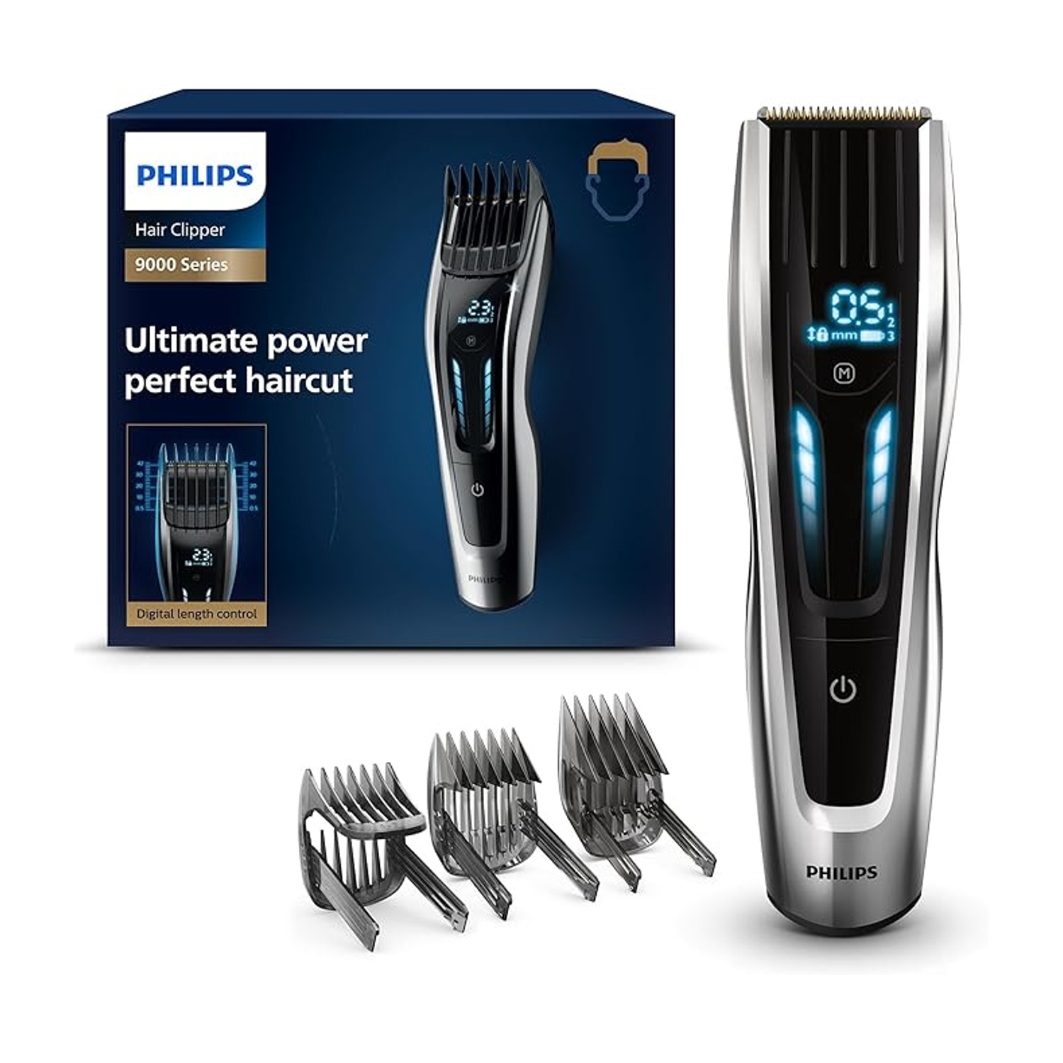 Tagliacapelli Philips Serie 9000 con controllo digitale della lunghezza e accessori.