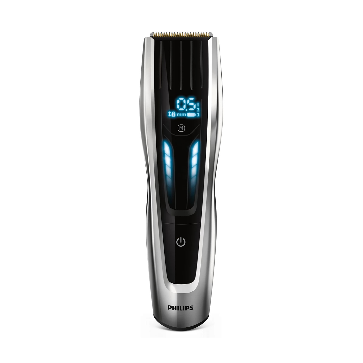 Un rifinitore Philips argentato con display digitale e accenti blu.