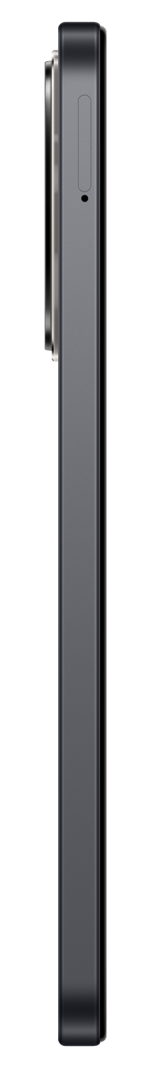 Szary smartfon z profilu z aparatami i tacką SIM na czarnym tle.