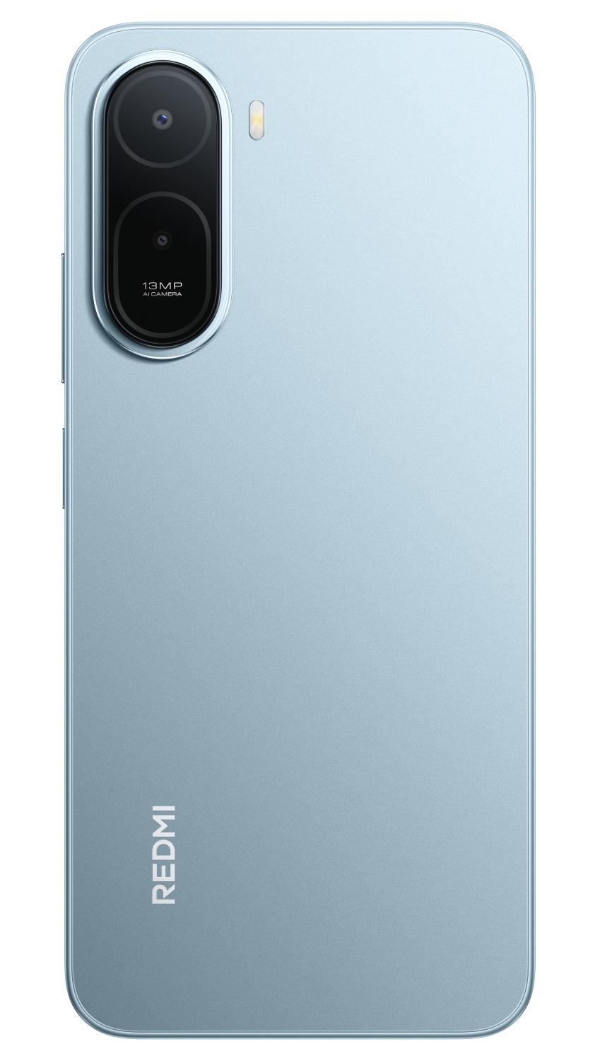 Tył jasnoniebieskiego smartfona z pionowym modułem kamery i napisem Redmi.