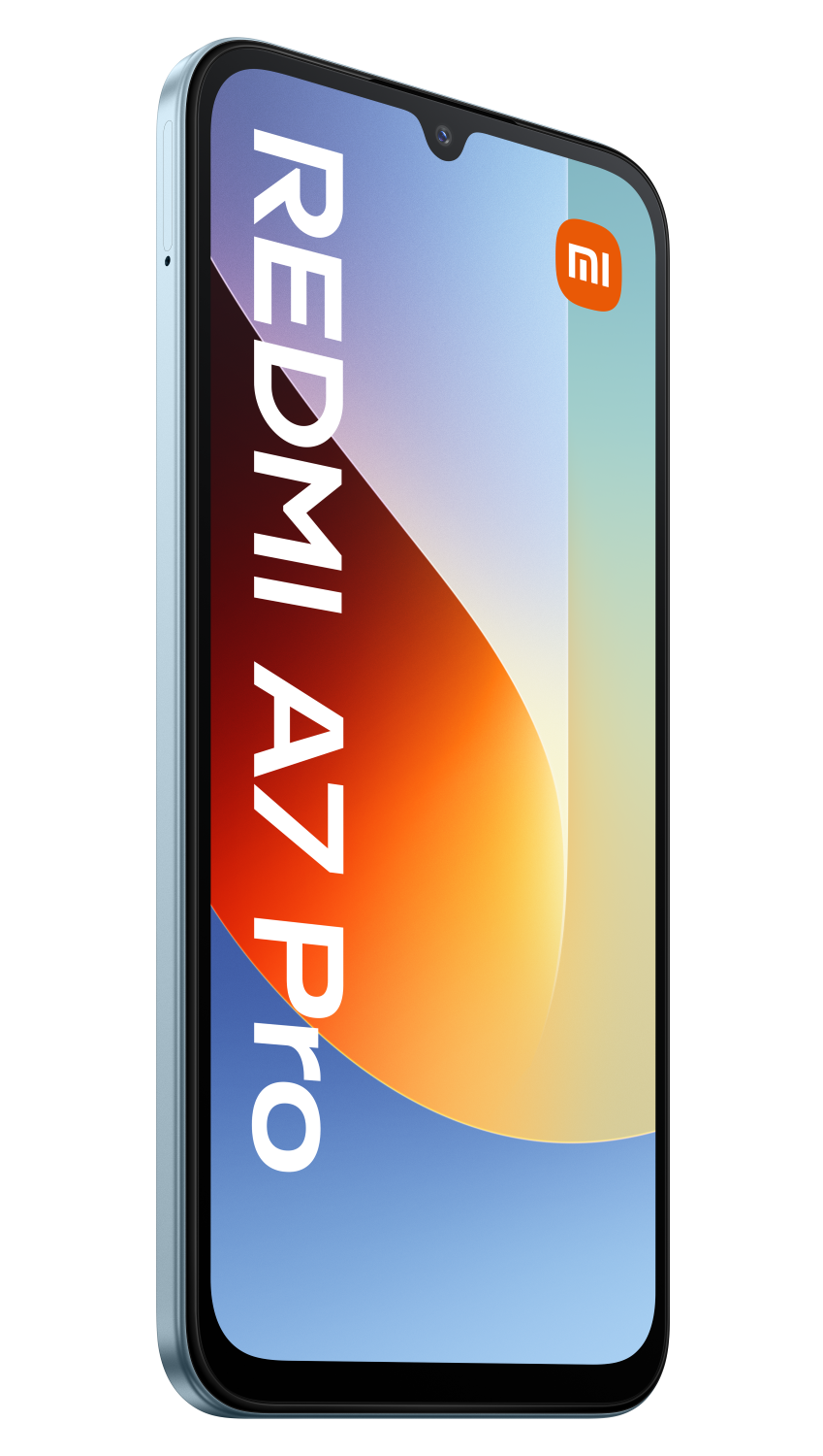 Jasnoniebieski smartfon Xiaomi Redmi A7 Pro z gradientowym tłem.
