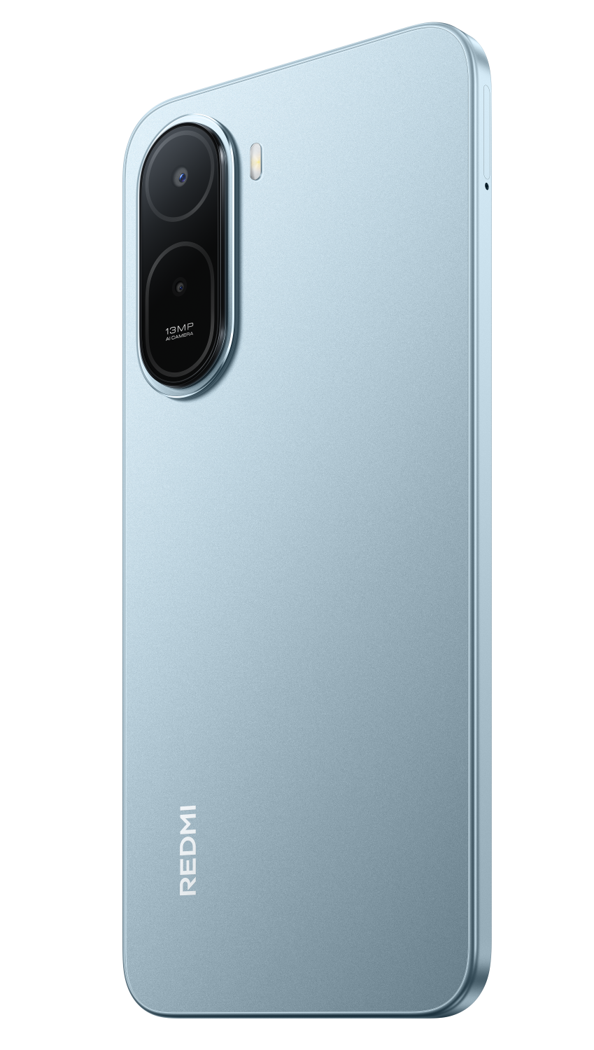 Jasnoniebieski smartfon z podwójnym tylnym aparatem i logo Redmi.