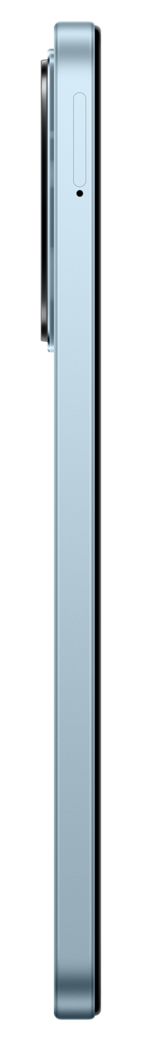 Zbliżenie jasnoniebieskiego smartfona z srebrną krawędzią na czarnym tle.