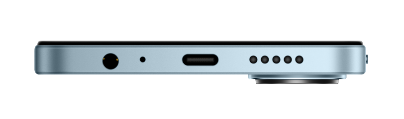 Dolna krawędź jasnoniebieskiego smartfona z portami i otworami głośników.